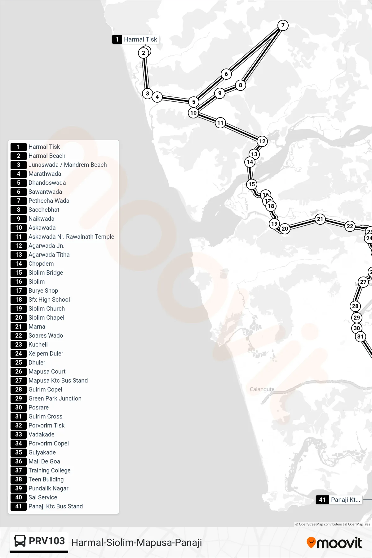 PRV103 bus Line (Harmal-Siolim-Mapusa-Panaji) route and stops on a map