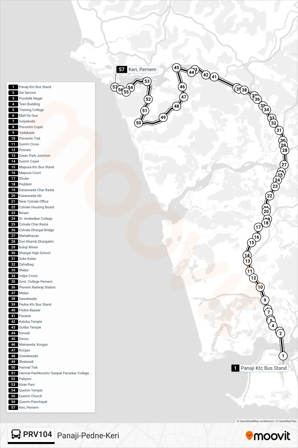 PRV104 bus Line (Panaji-Pedne-Keri) route and stops on a map