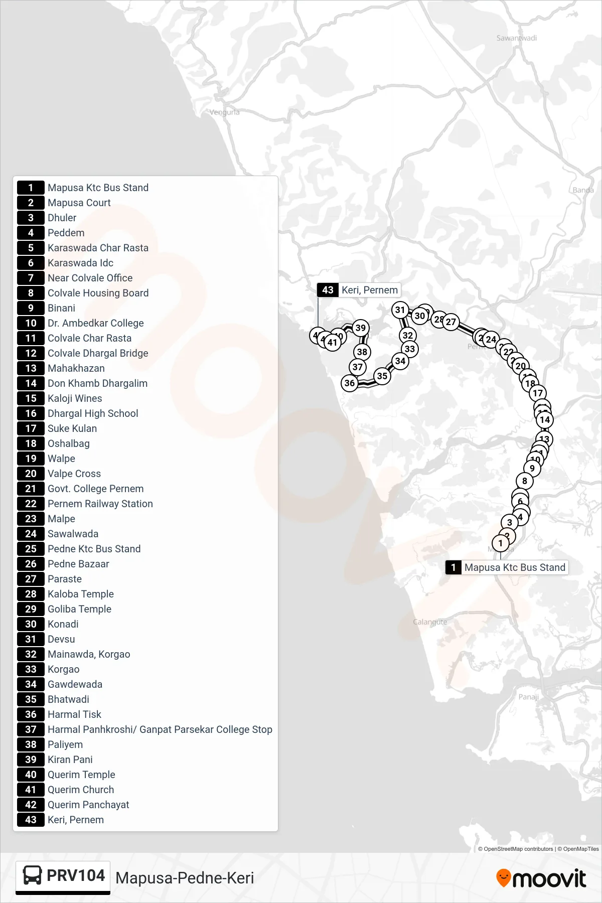 PRV104 bus Line (Mapusa-Pedne-Keri) route and stops on a map
