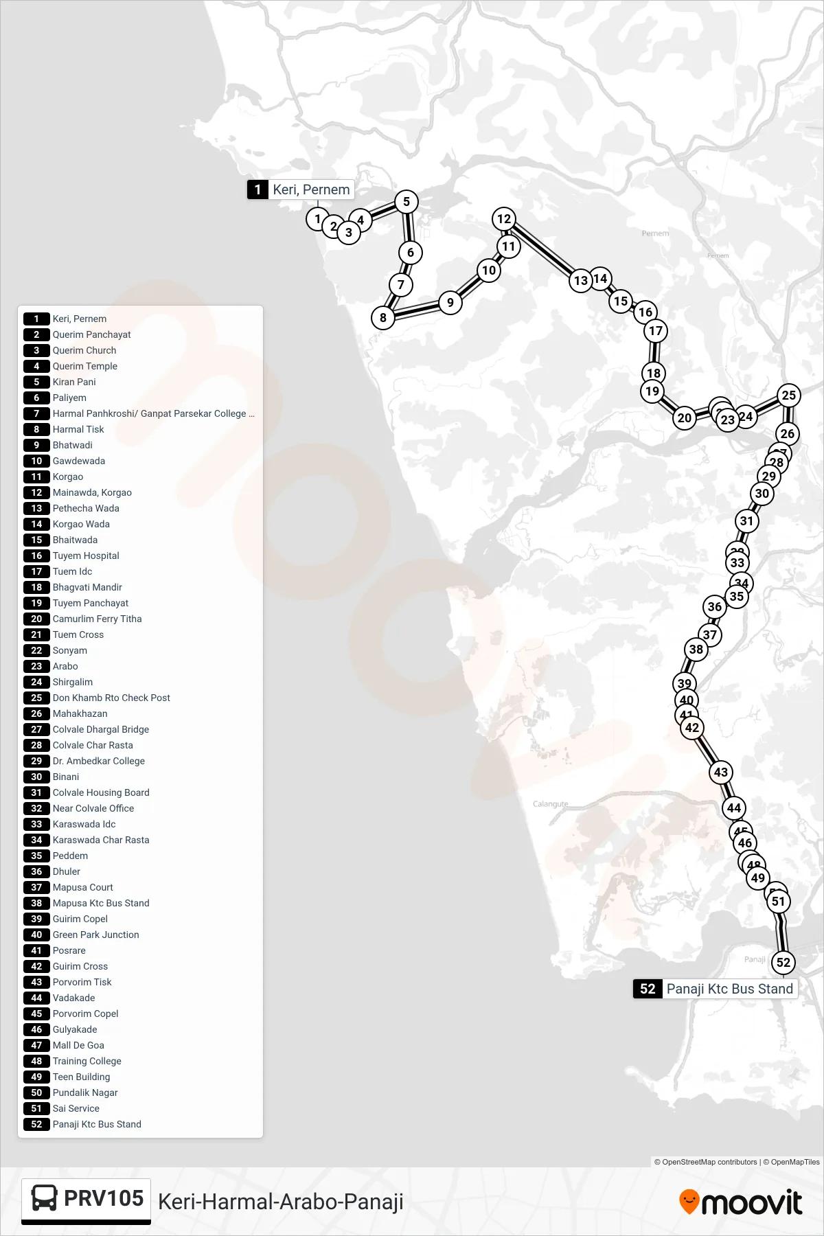 PRV105 bus Line (Keri-Harmal-Arabo-Panaji) route and stops on a map