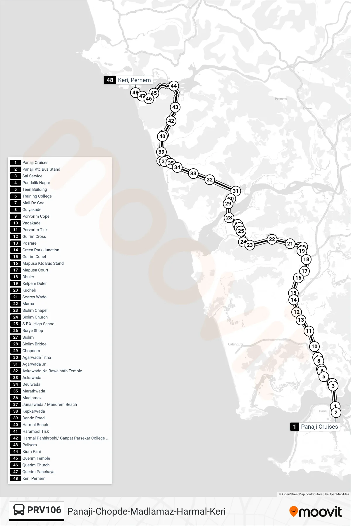 PRV106 bus Line (Panaji-Chopde-Madlamaz-Harmal-Keri) route and stops on a map