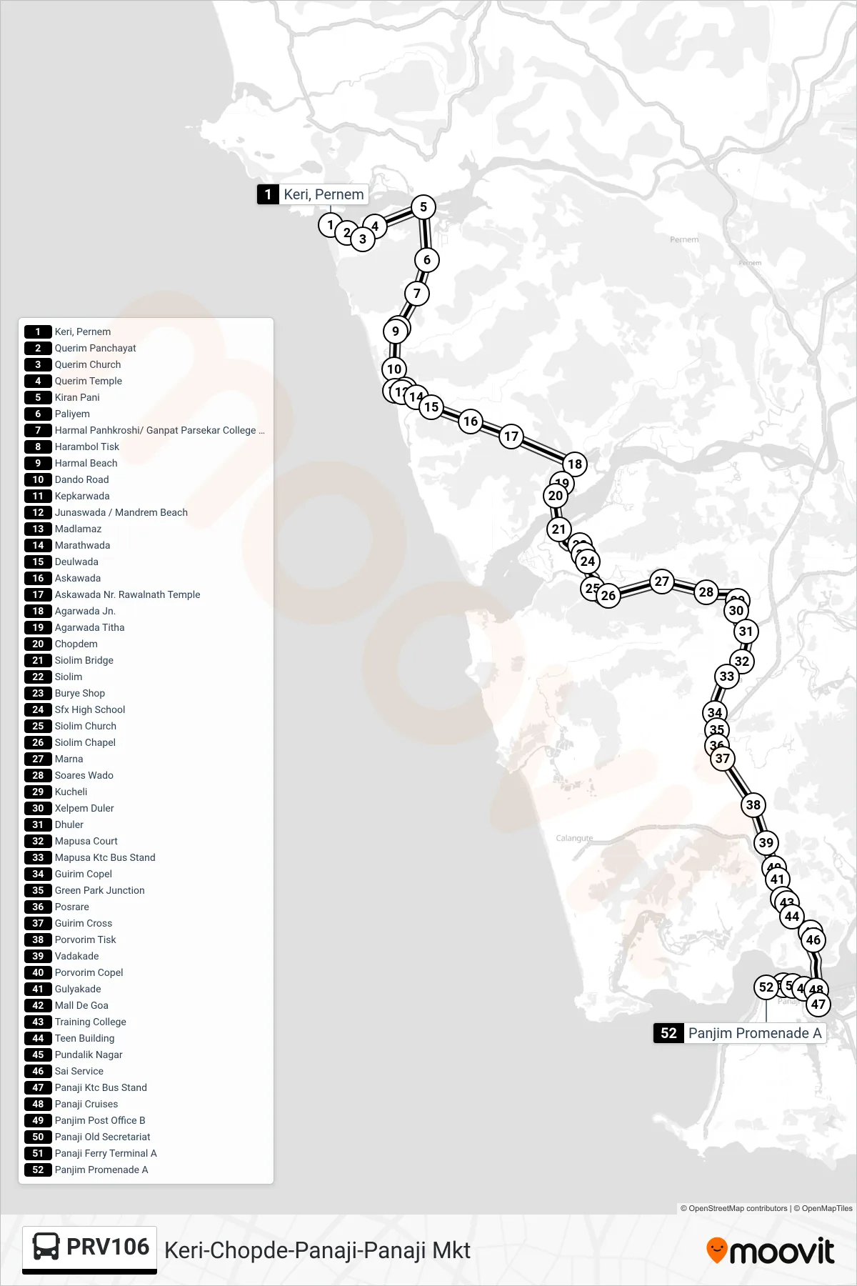 PRV106 bus Line (Keri-Chopde-Panaji-Panaji Mkt) route and stops on a map