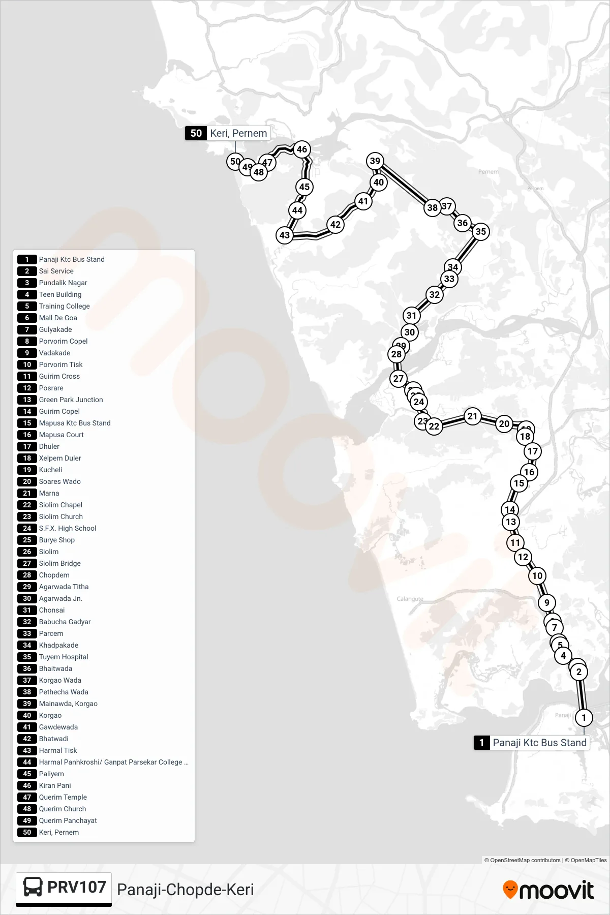 PRV107 bus Line (Panaji-Chopde-Keri) route and stops on a map