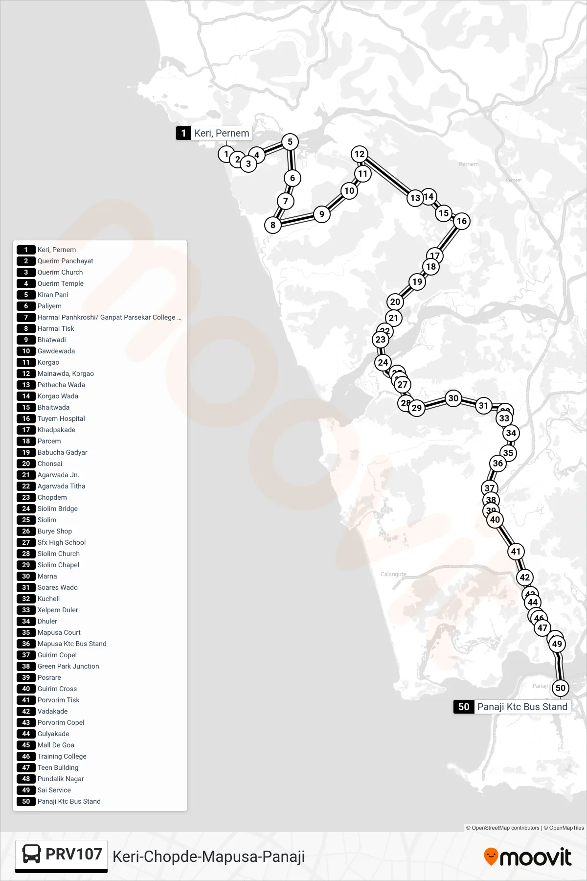 PRV107 bus Line (Keri-Chopde-Mapusa-Panaji) route and stops on a map