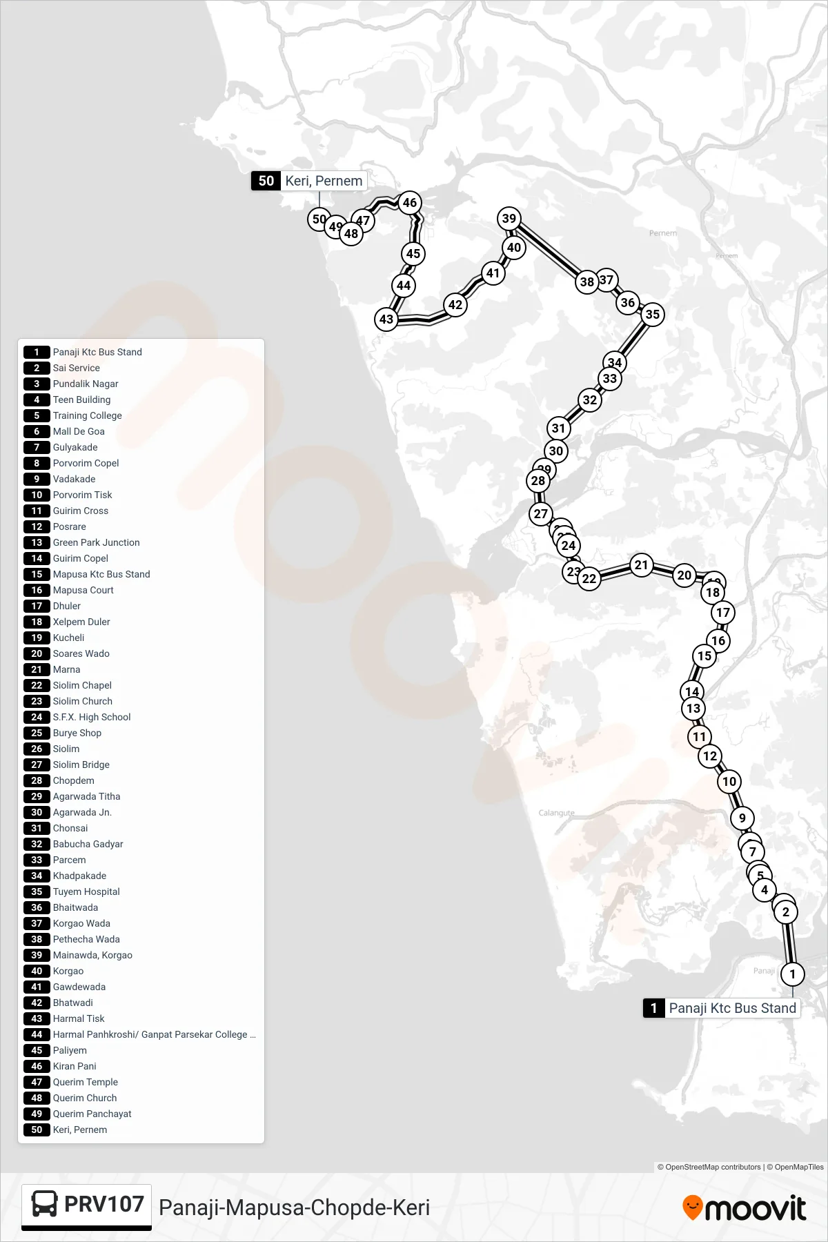 PRV107 bus Line (Panaji-Mapusa-Chopde-Keri) route and stops on a map