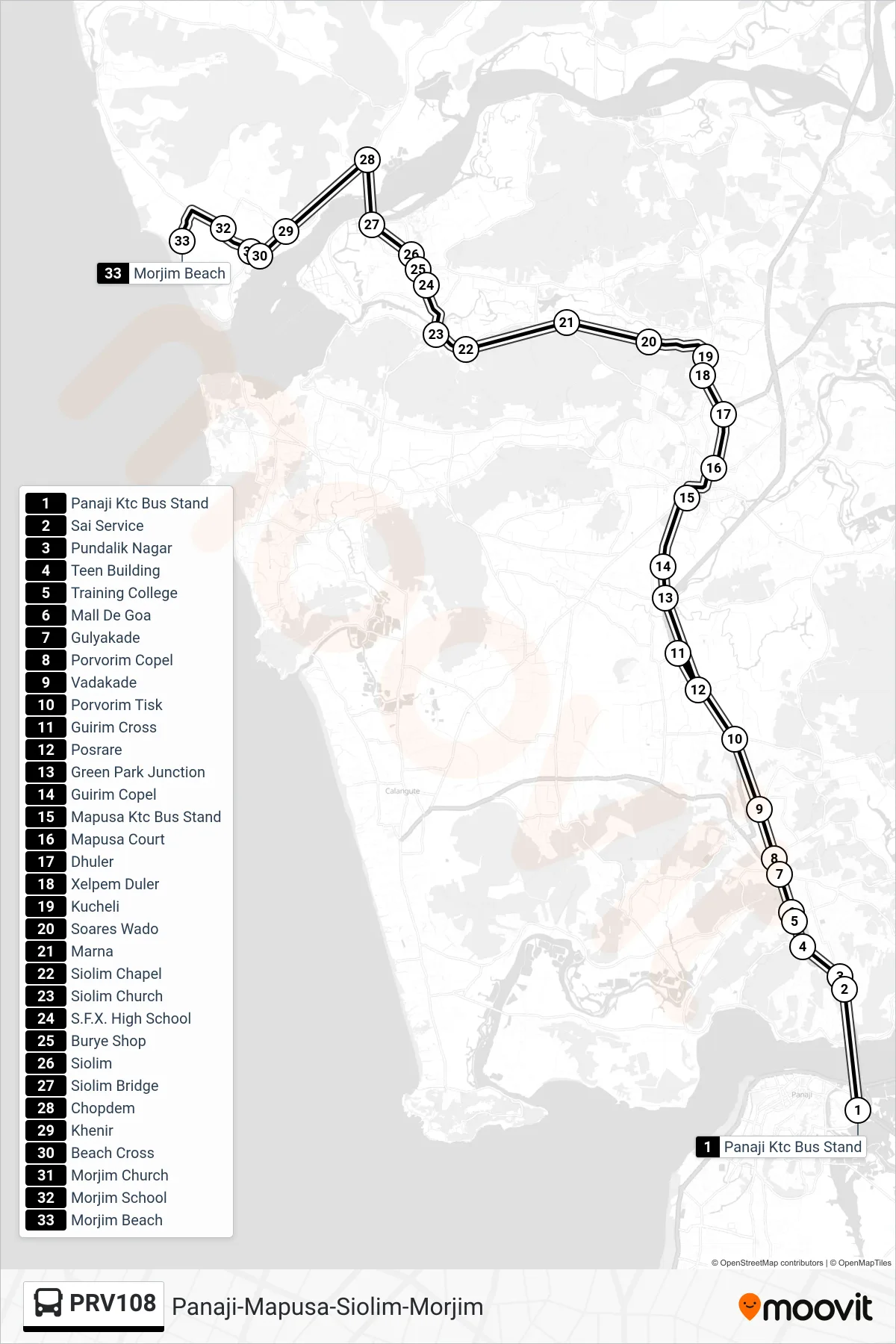 PRV108 bus Line (Panaji-Mapusa-Siolim-Morjim) route and stops on a map