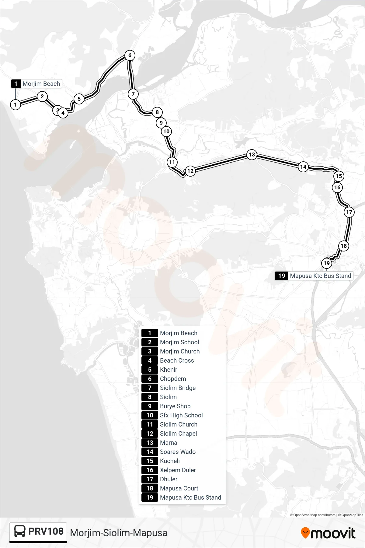PRV108 bus Line (Morjim-Siolim-Mapusa) route and stops on a map