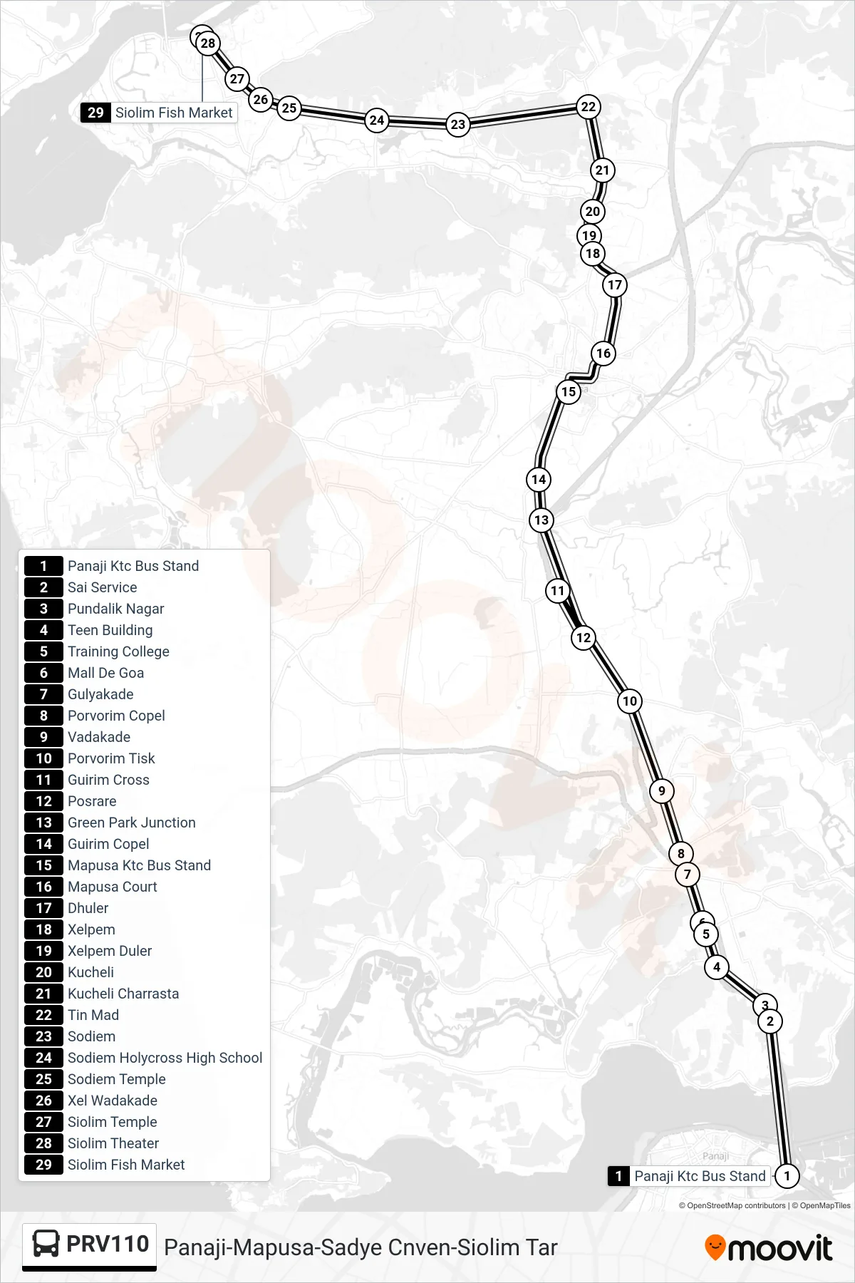 PRV110 bus Line (Panaji-Mapusa-Sadye Cnven-Siolim Tar) route and stops on a map