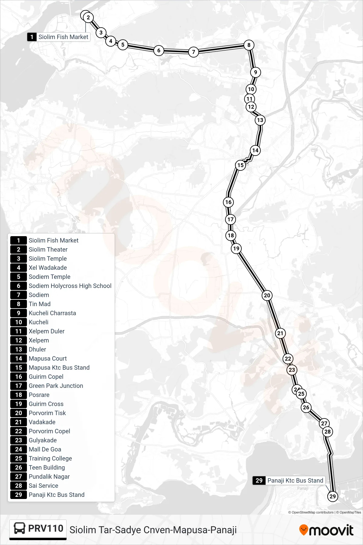 PRV110 bus Line (Siolim Tar-Sadye Cnven-Mapusa-Panaji) route and stops on a map