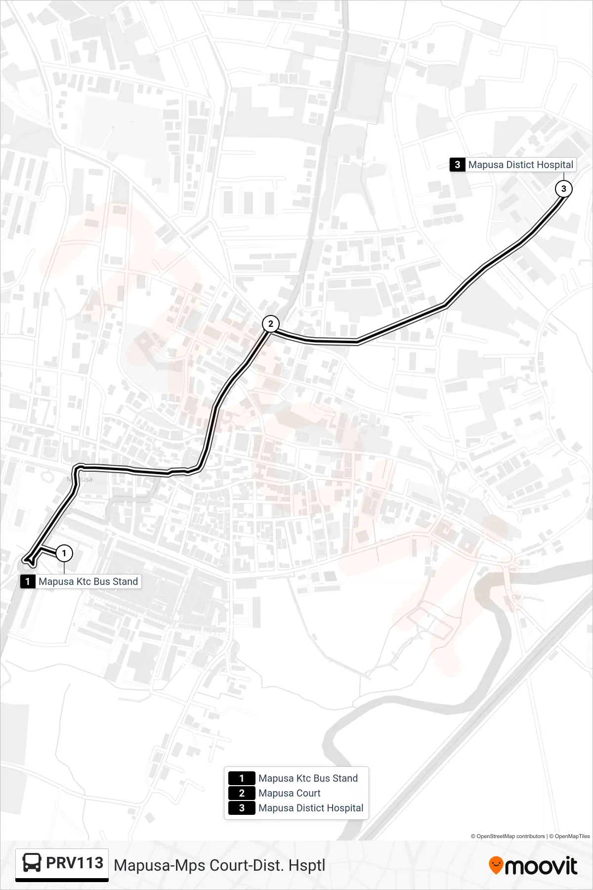 PRV113 bus Line (Mapusa-Mps Court-Dist. Hsptl) route and stops on a map