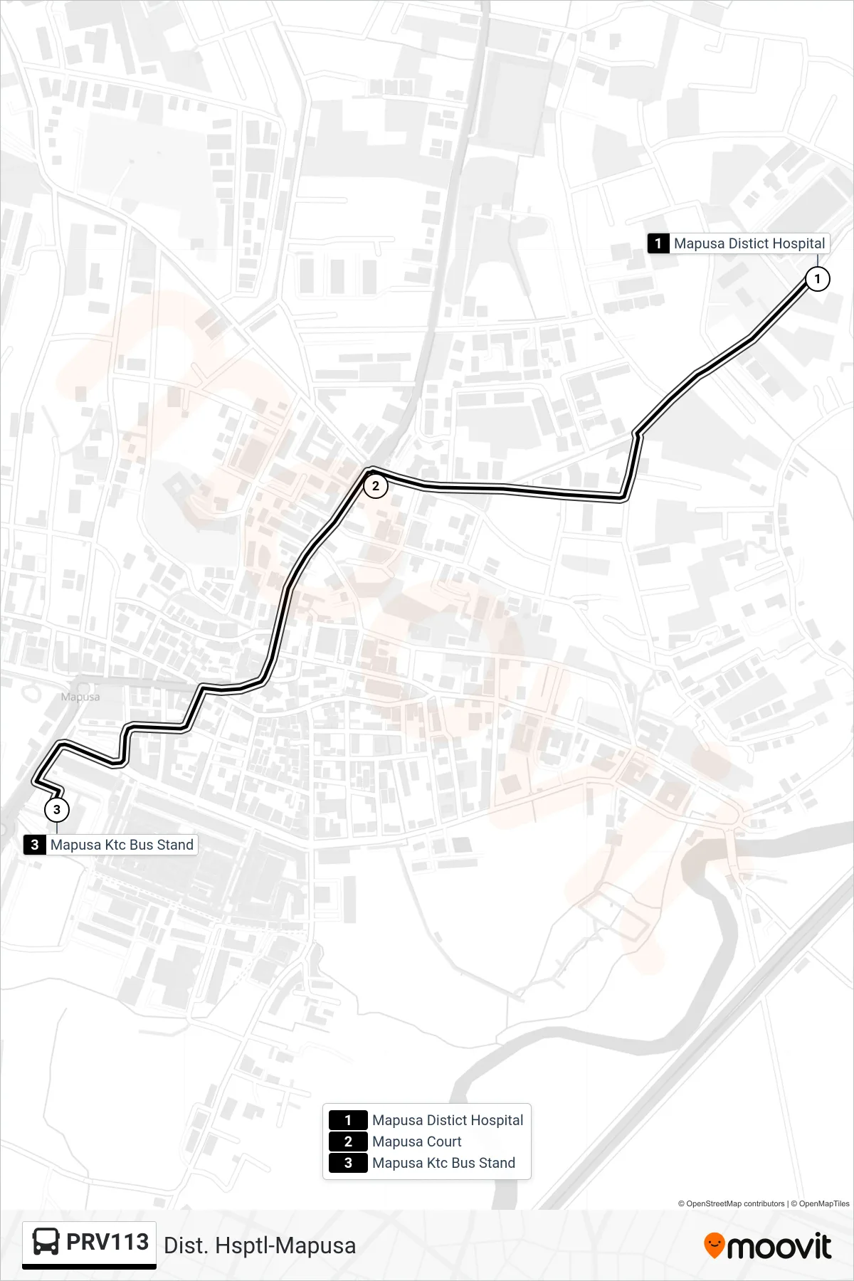 PRV113 bus Line (Dist. Hsptl-Mapusa) route and stops on a map