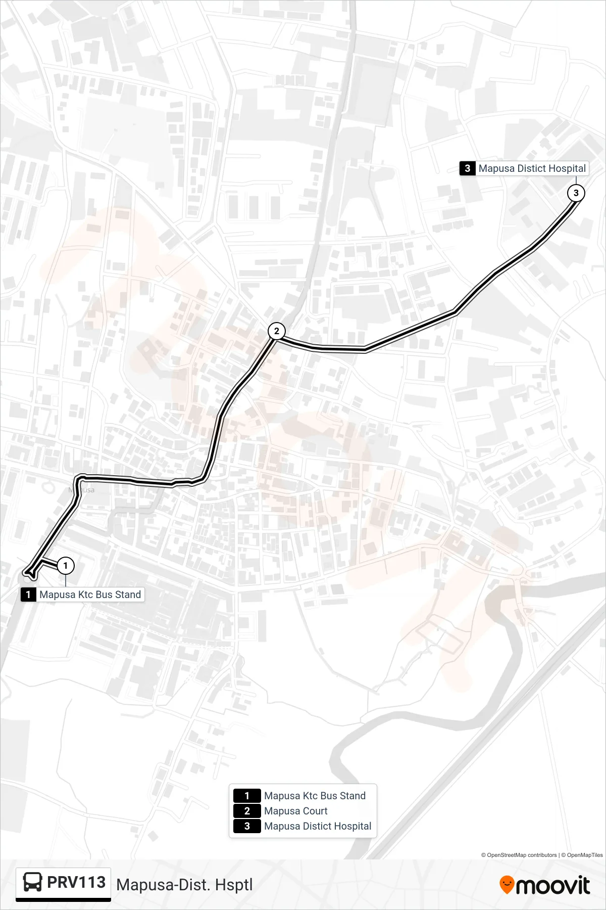 PRV113 bus Line (Mapusa-Dist. Hsptl) route and stops on a map