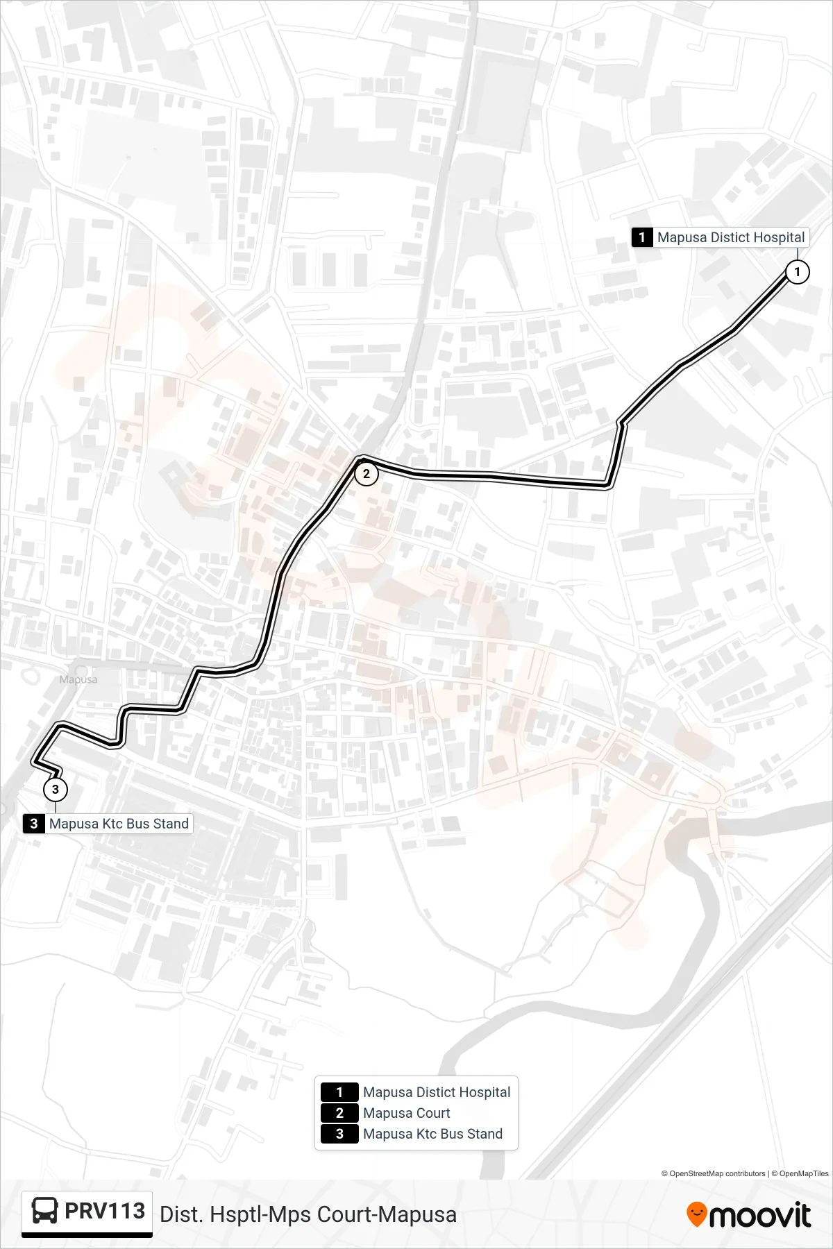 PRV113 bus Line (Dist. Hsptl-Mps Court-Mapusa) route and stops on a map