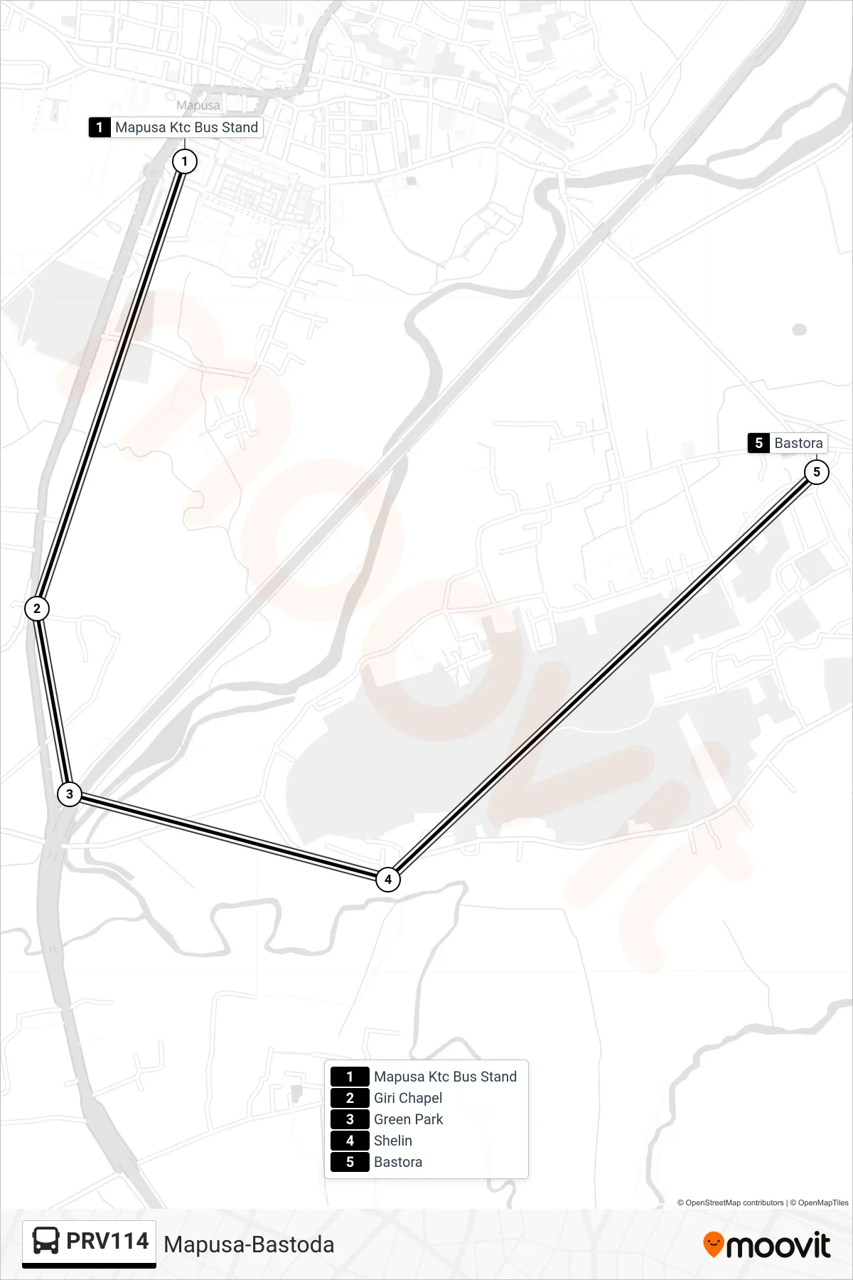 PRV114 bus Line (Mapusa-Bastoda) route and stops on a map