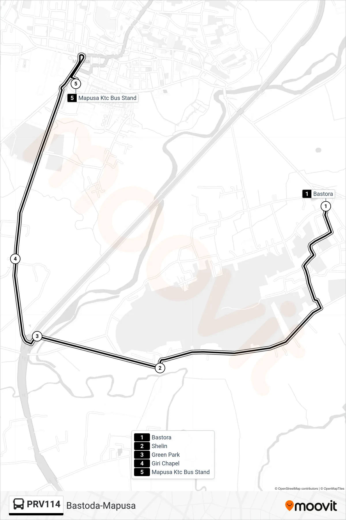 PRV114 bus Line (Bastoda-Mapusa) route and stops on a map
