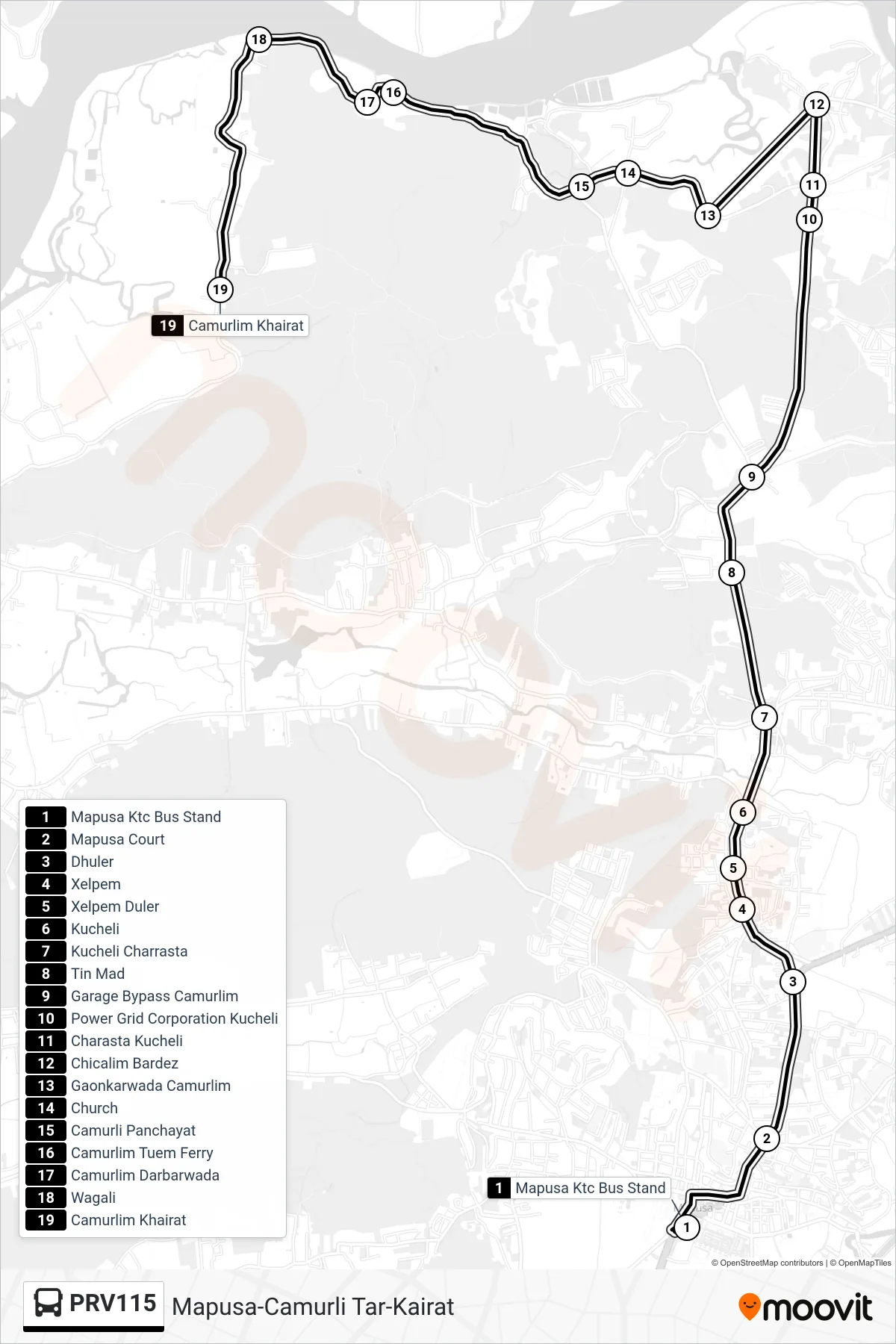 PRV115 bus Line (Mapusa-Camurli Tar-Kairat) route and stops on a map