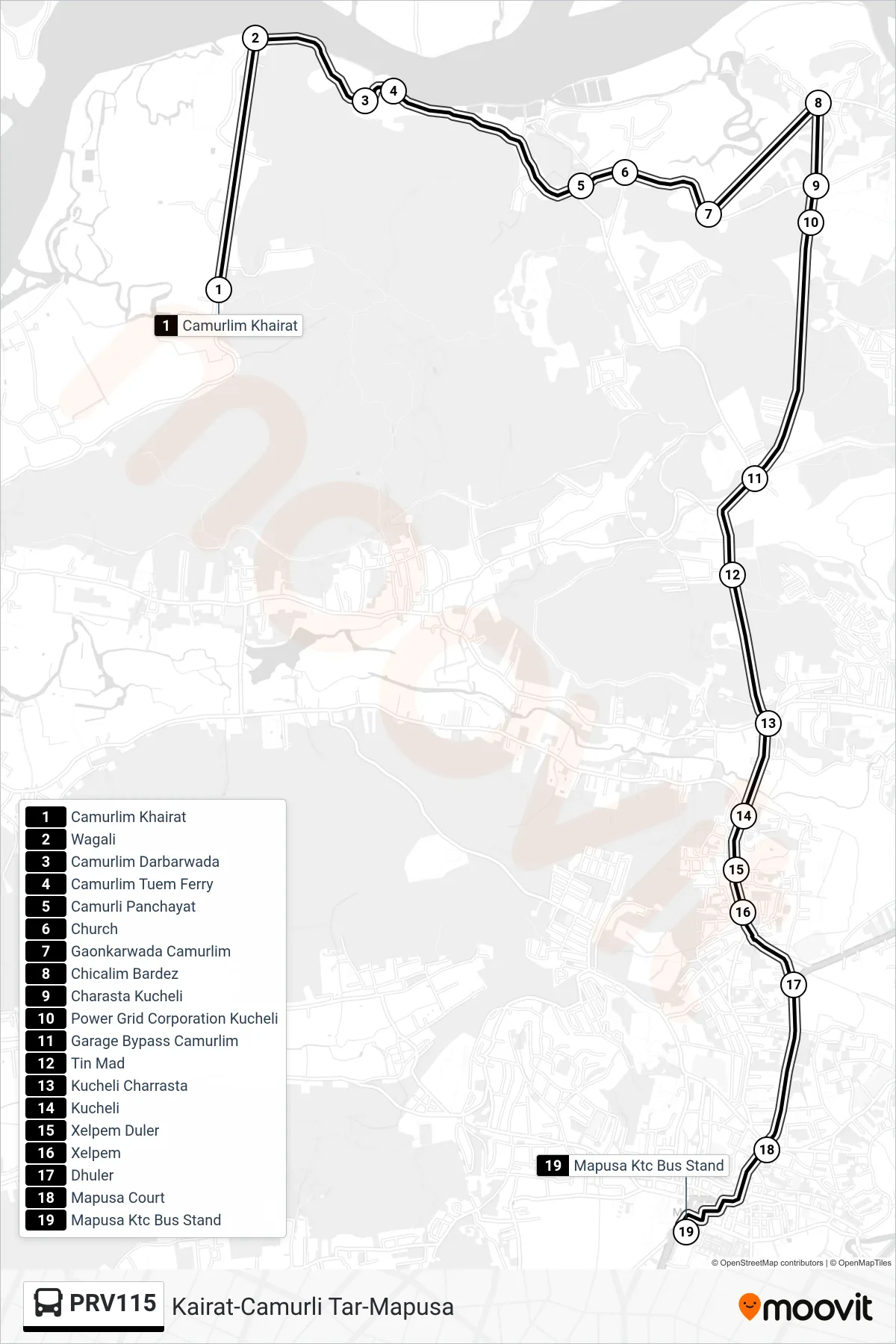 PRV115 bus Line (Kairat-Camurli Tar-Mapusa) route and stops on a map