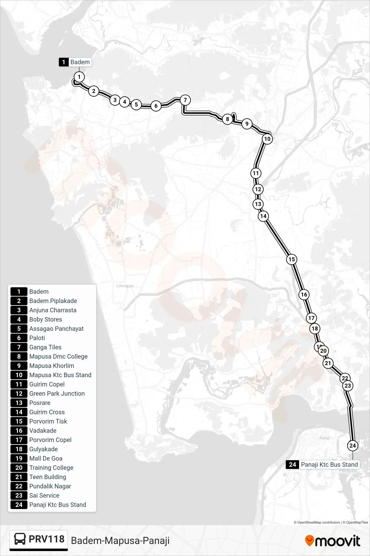 PRV118 bus Line (Badem-Mapusa-Panaji) route and stops on a map