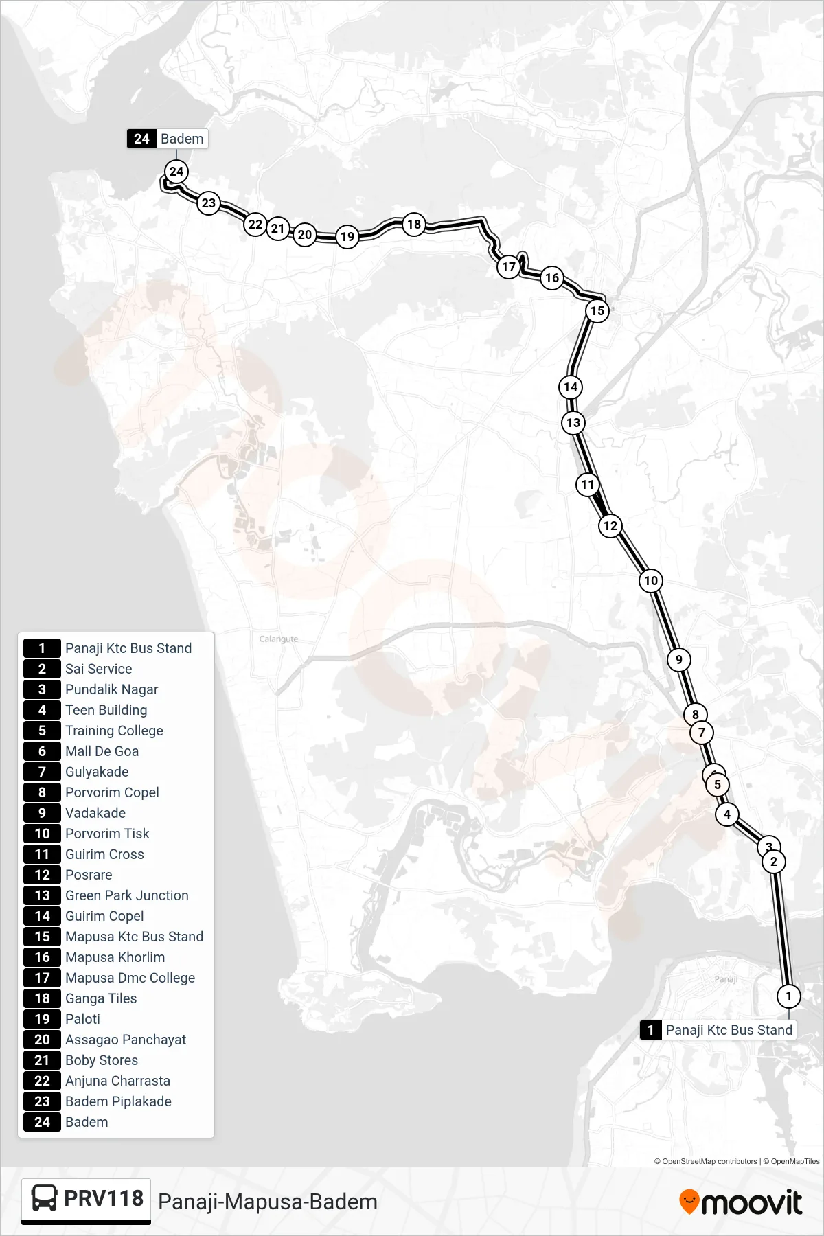 Roat Map Route Map - PRV118 - Panaji-Mapusa-Badem - Stops