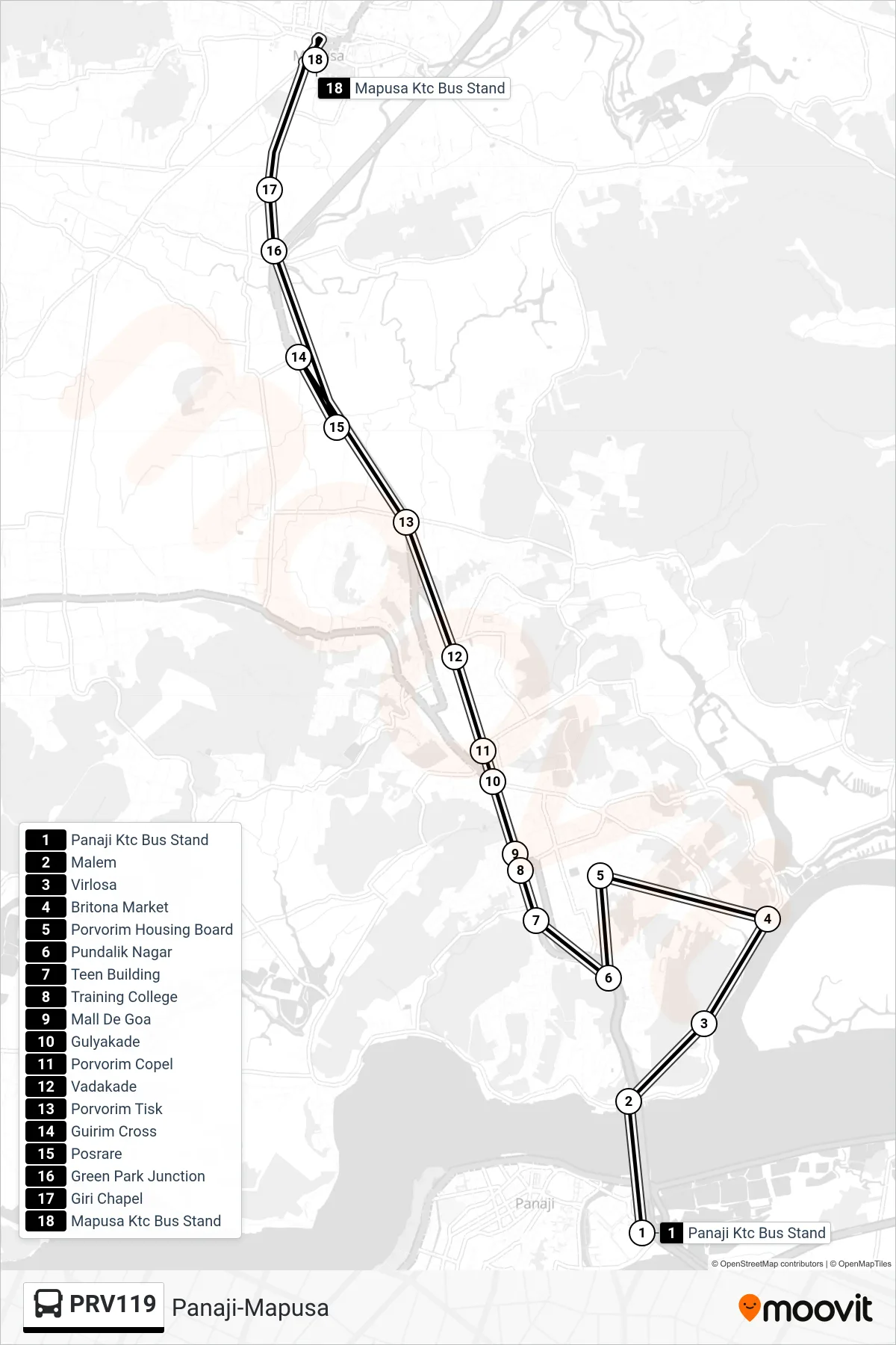 PRV119 bus Line (Panaji-Mapusa) route and stops on a map