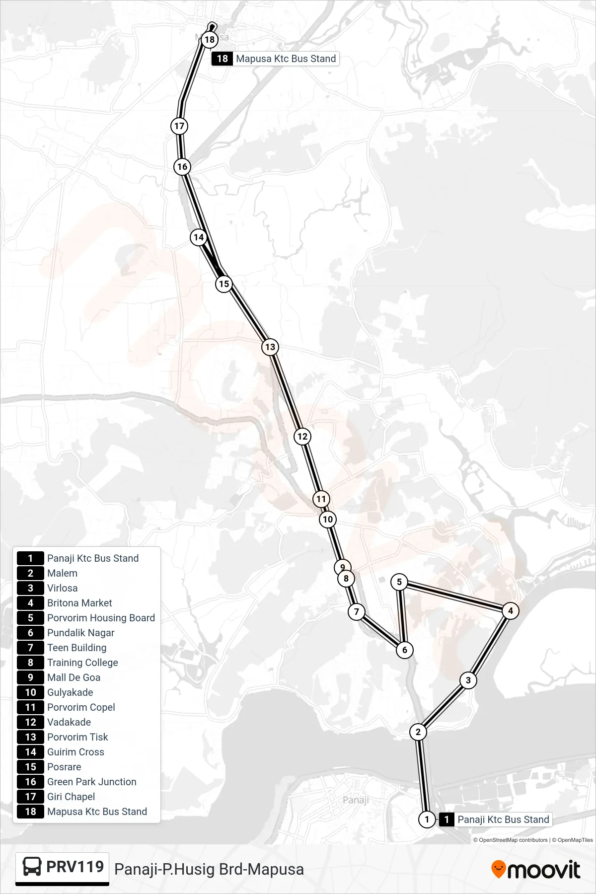 PRV119 bus Line (Panaji-P.Husig Brd-Mapusa) route and stops on a map
