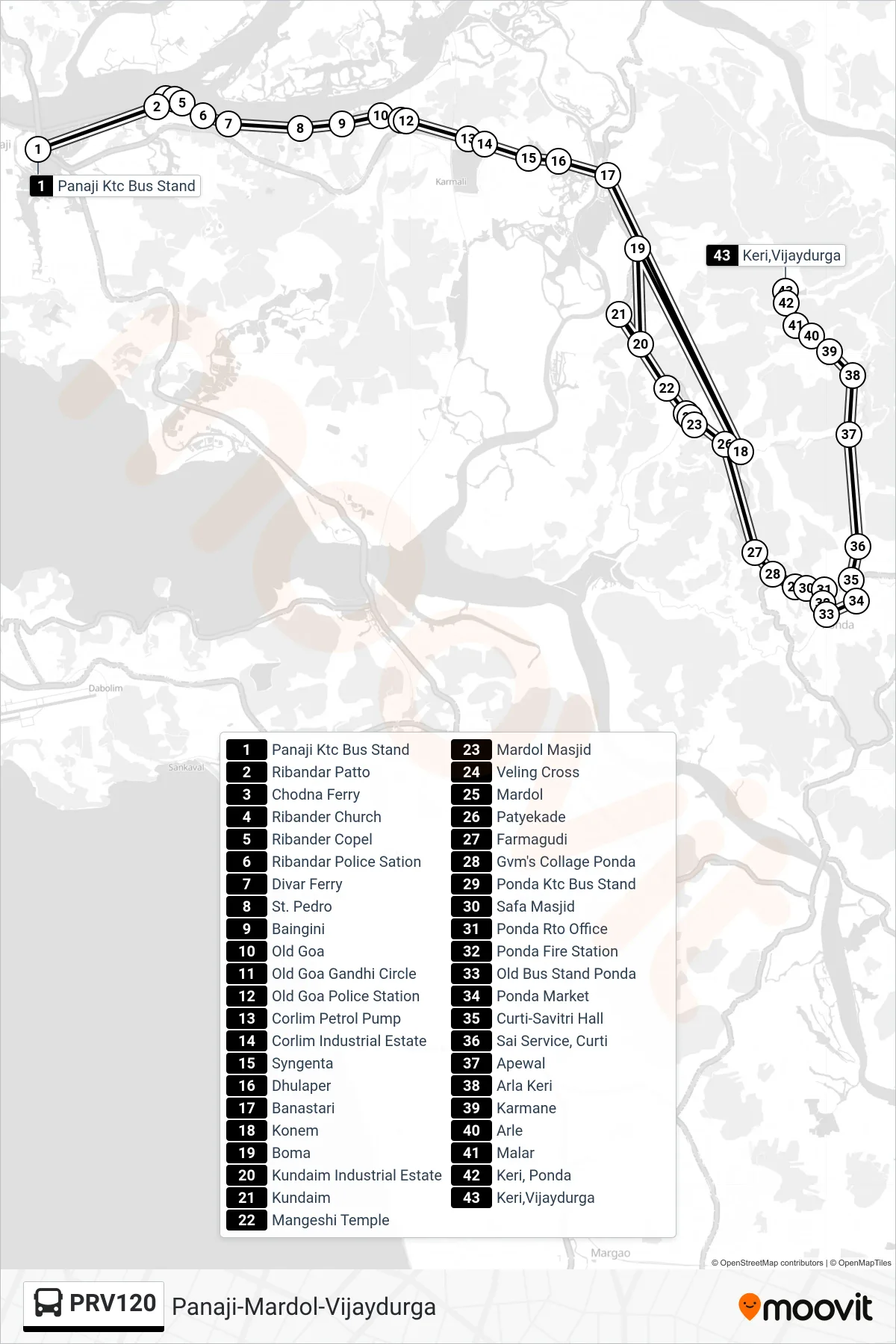 PRV120 bus Line (Panaji-Mardol-Vijaydurga) route and stops on a map
