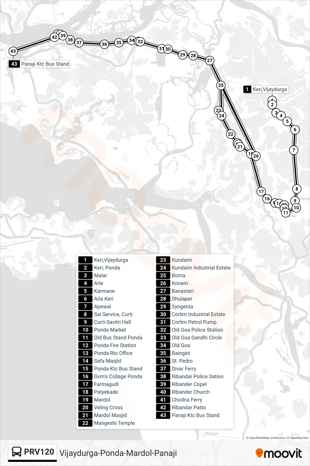 PRV120 bus Line (Vijaydurga-Ponda-Mardol-Panaji) route and stops on a map
