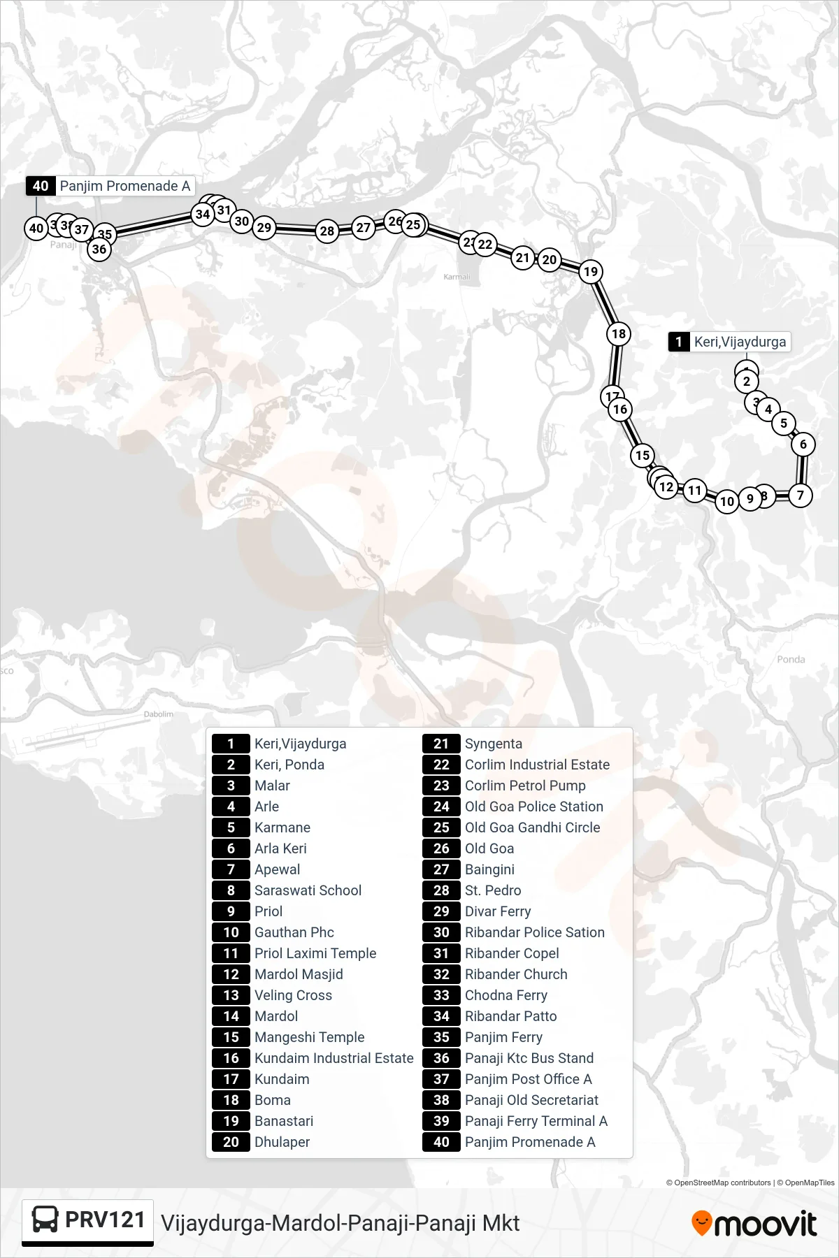 PRV121 bus Line (Vijaydurga-Mardol-Panaji-Panaji Mkt) route and stops on a map