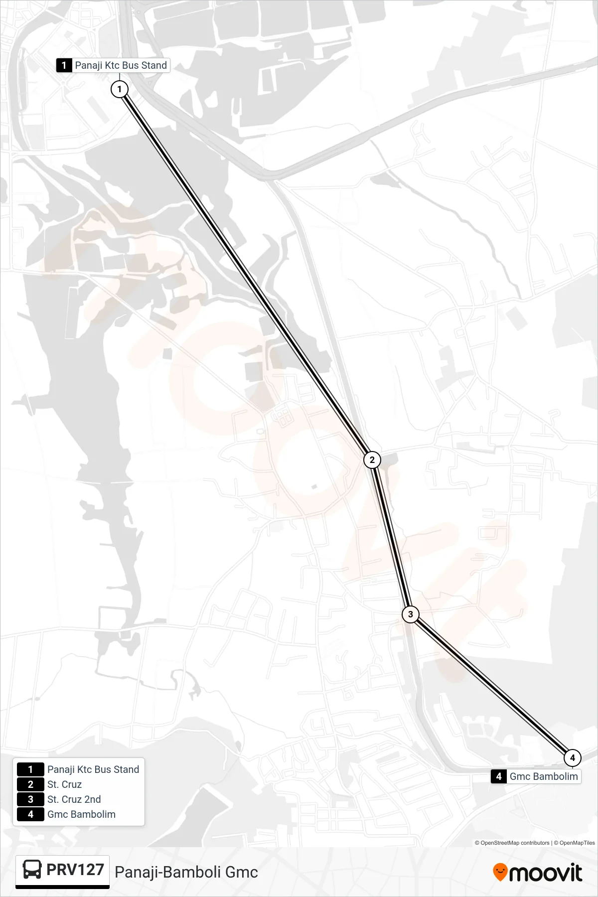 PRV127 bus Line (Panaji-Bamboli Gmc) route and stops on a map