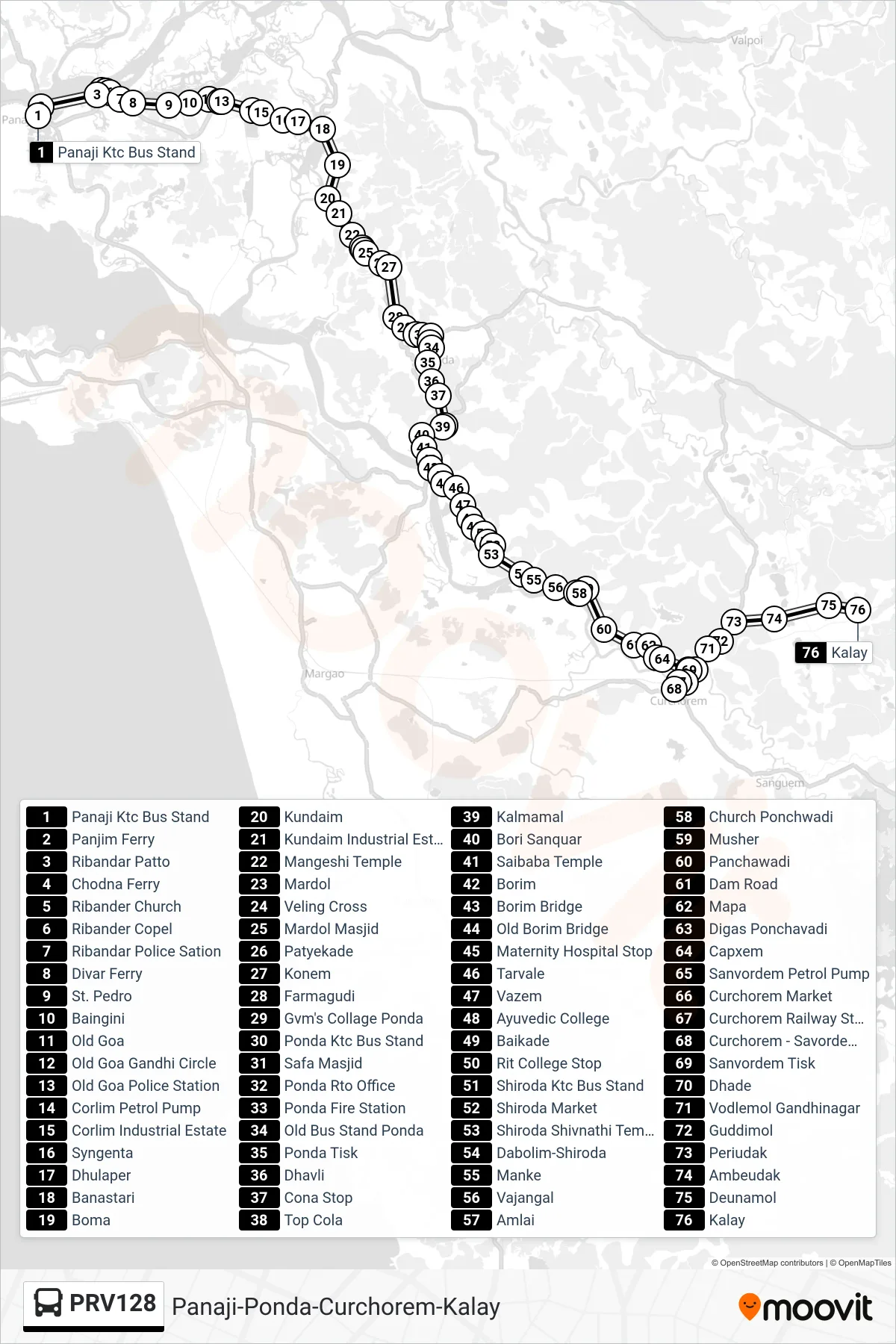 PRV128 bus Line (Panaji-Ponda-Curchorem-Kalay) route and stops on a map
