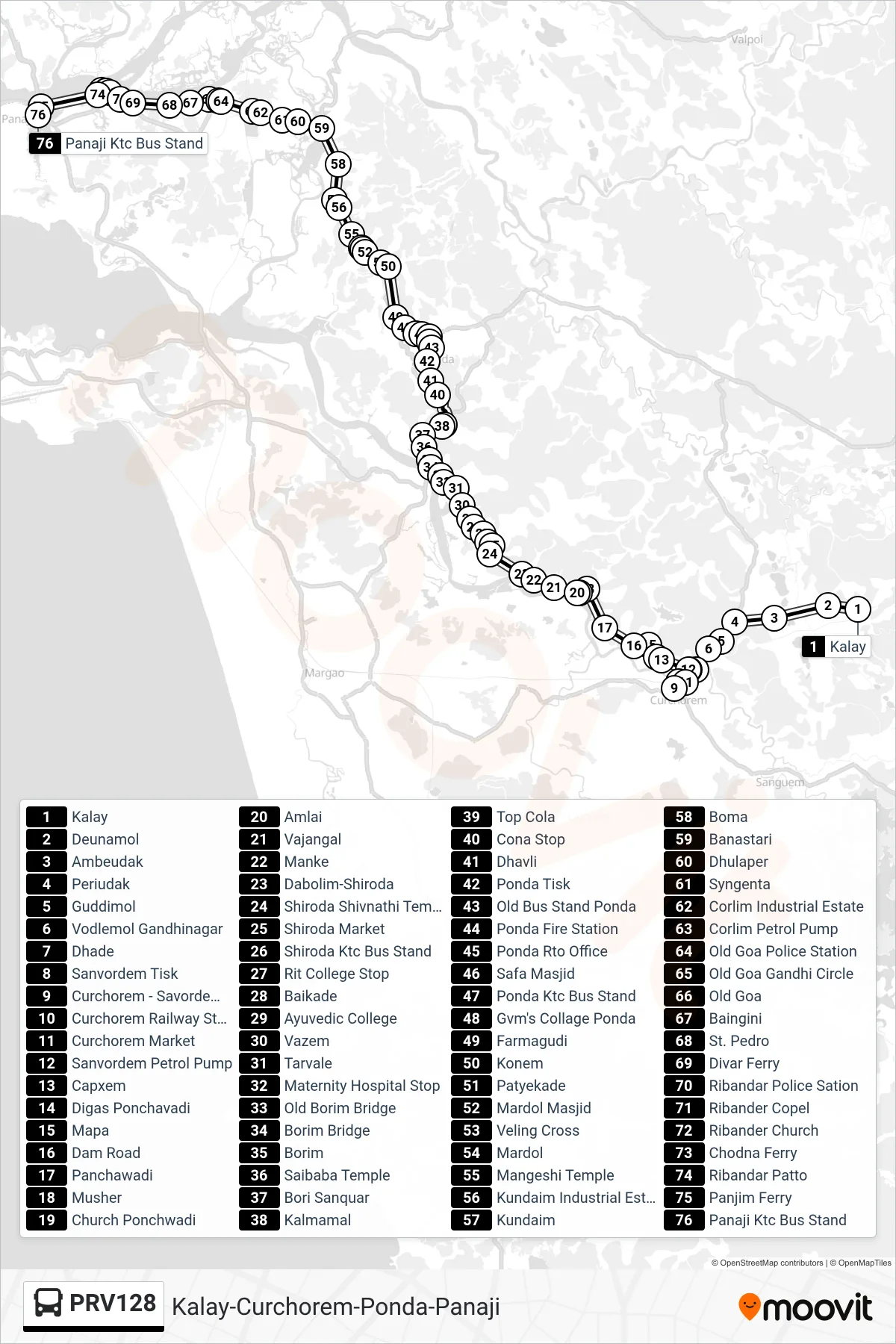PRV128 bus Line (Kalay-Curchorem-Ponda-Panaji) route and stops on a map