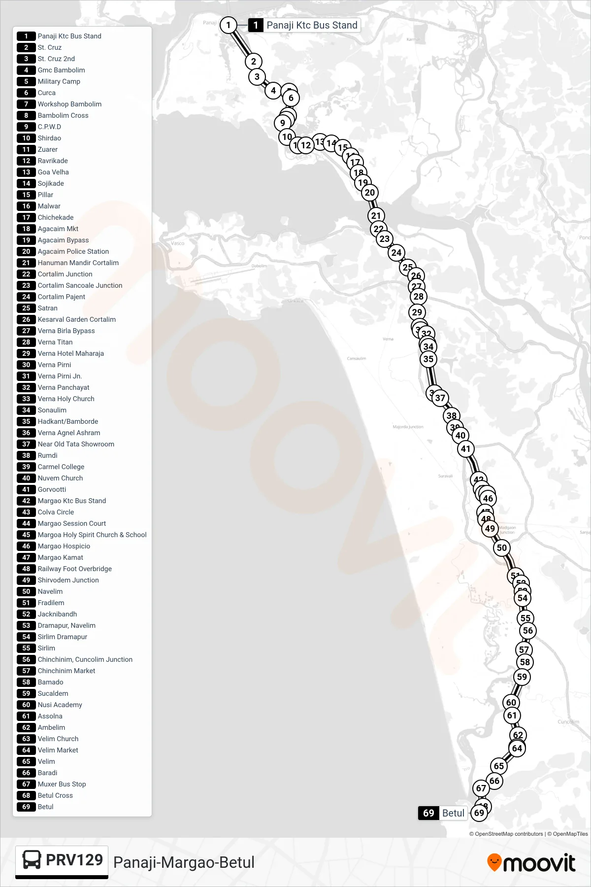 PRV129 bus Line (Panaji-Margao-Betul) route and stops on a map