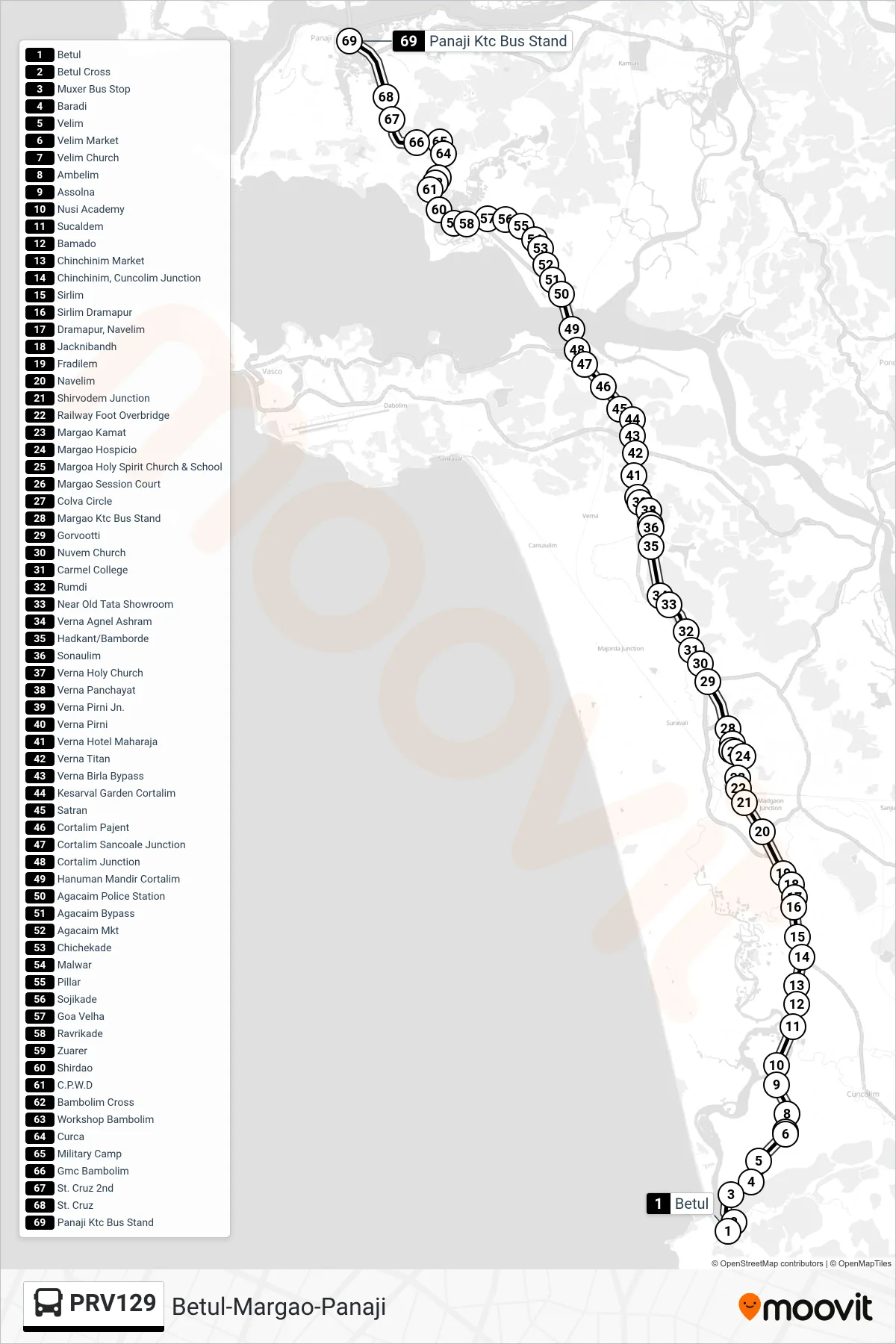 PRV129 bus Line (Betul-Margao-Panaji) route and stops on a map
