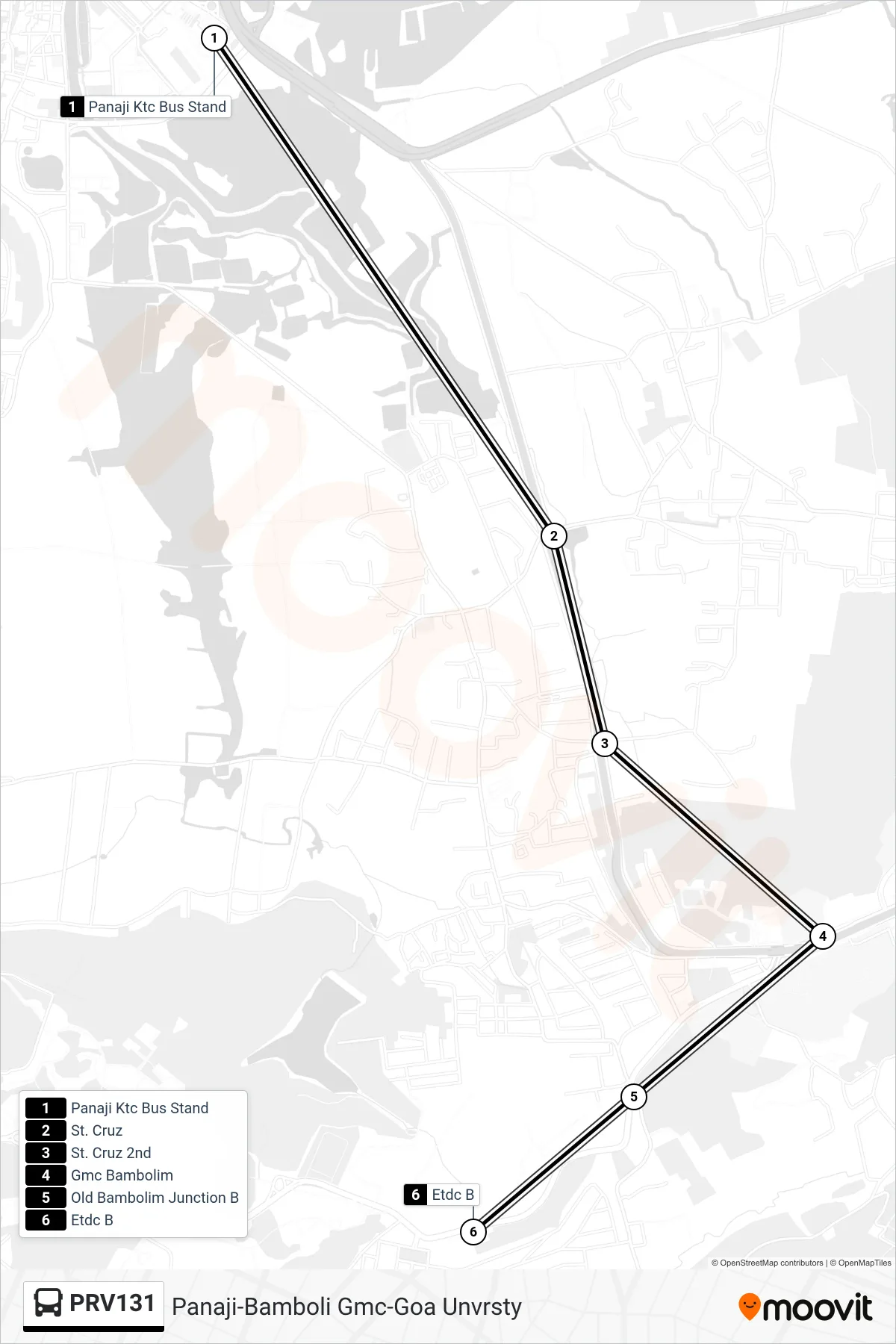 PRV131 bus Line (Panaji-Bamboli Gmc-Goa Unvrsty) route and stops on a map