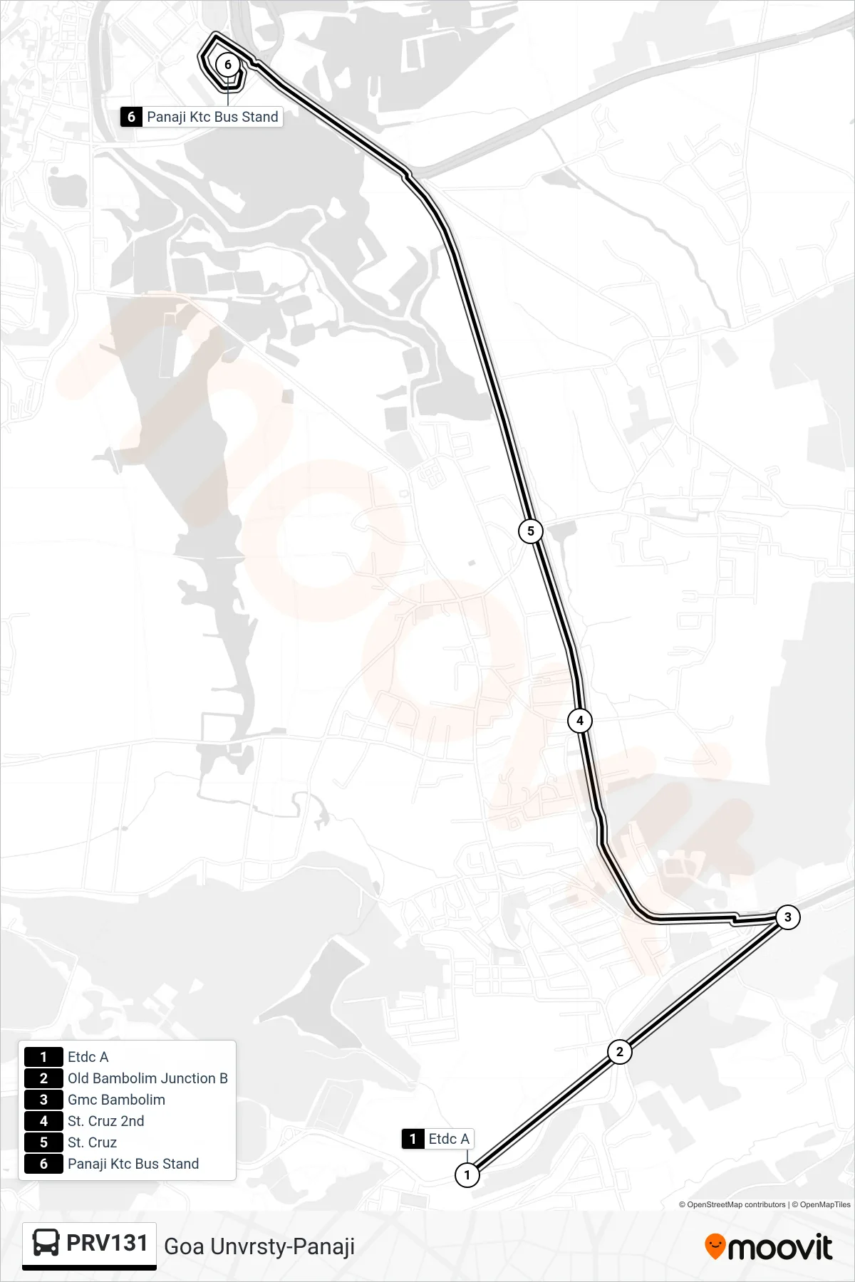 PRV131 bus Line (Goa Unvrsty-Panaji) route and stops on a map
