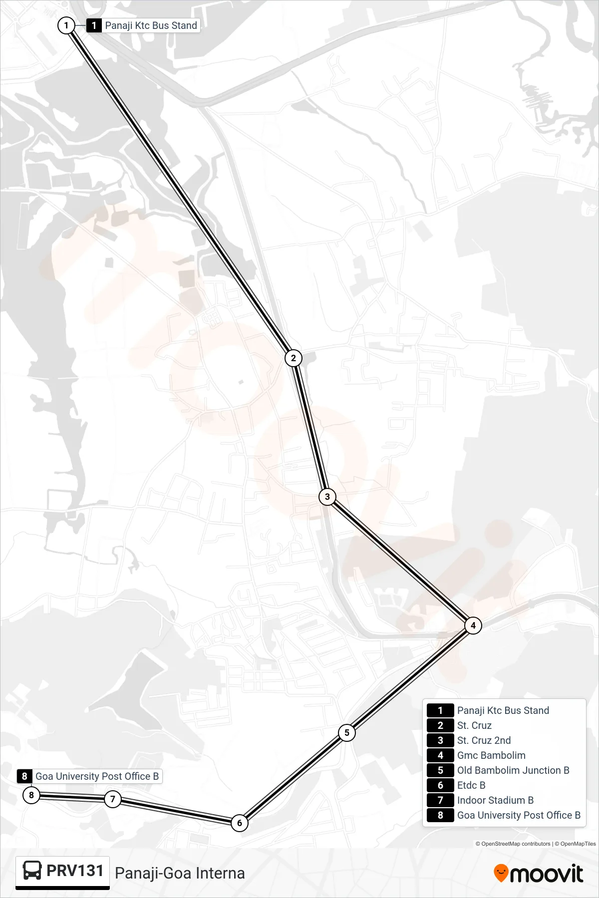 PRV131 bus Line (Panaji-Goa Interna) route and stops on a map
