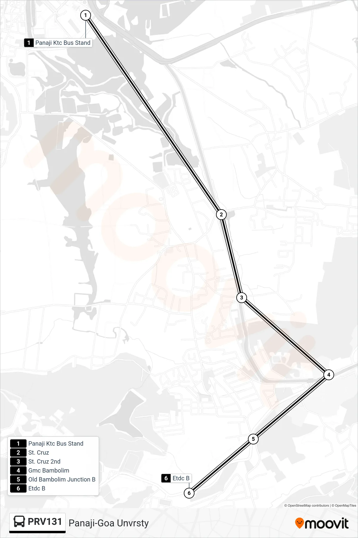 PRV131 bus Line (Panaji-Goa Unvrsty) route and stops on a map