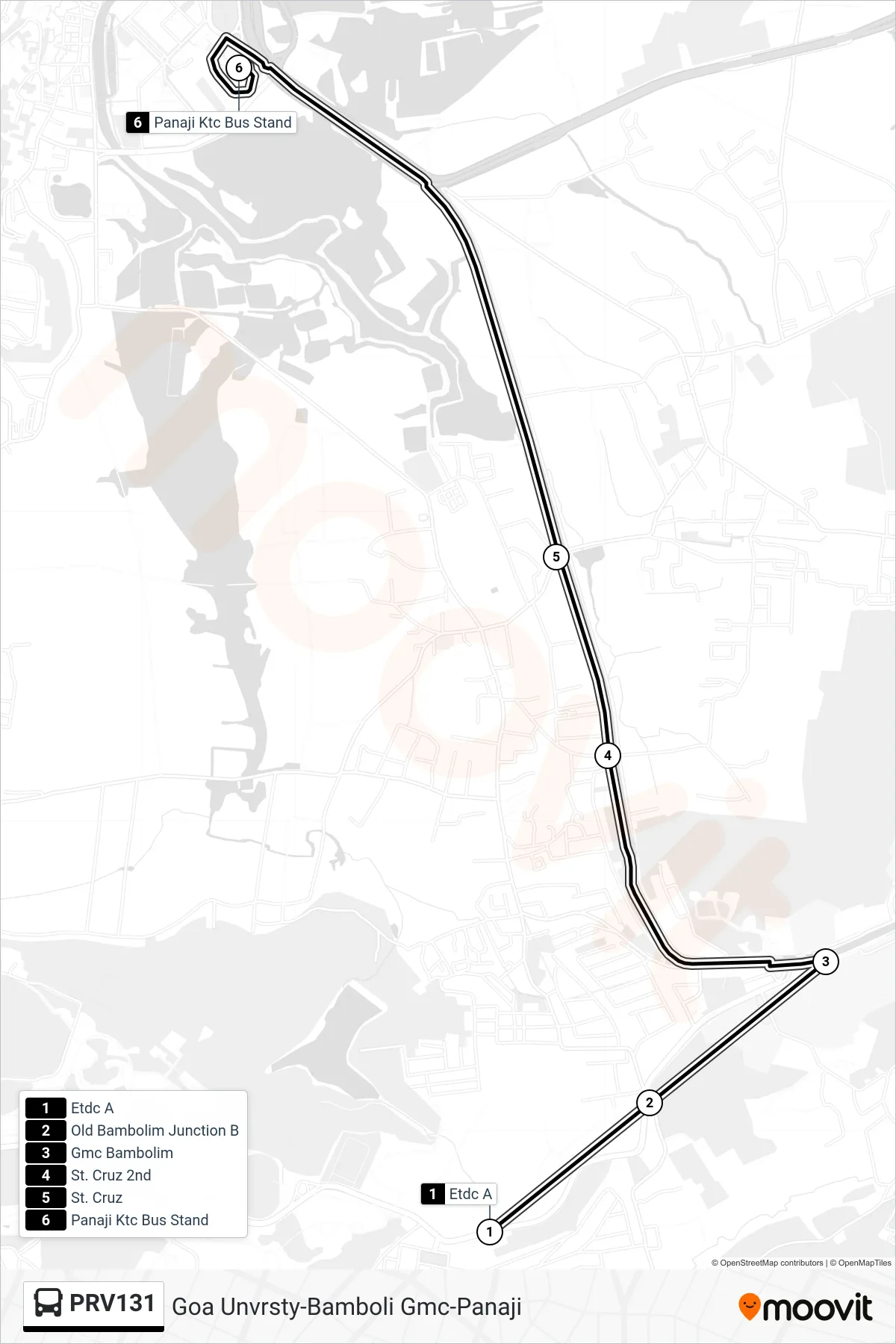 PRV131 bus Line (Goa Unvrsty-Bamboli Gmc-Panaji) route and stops on a map