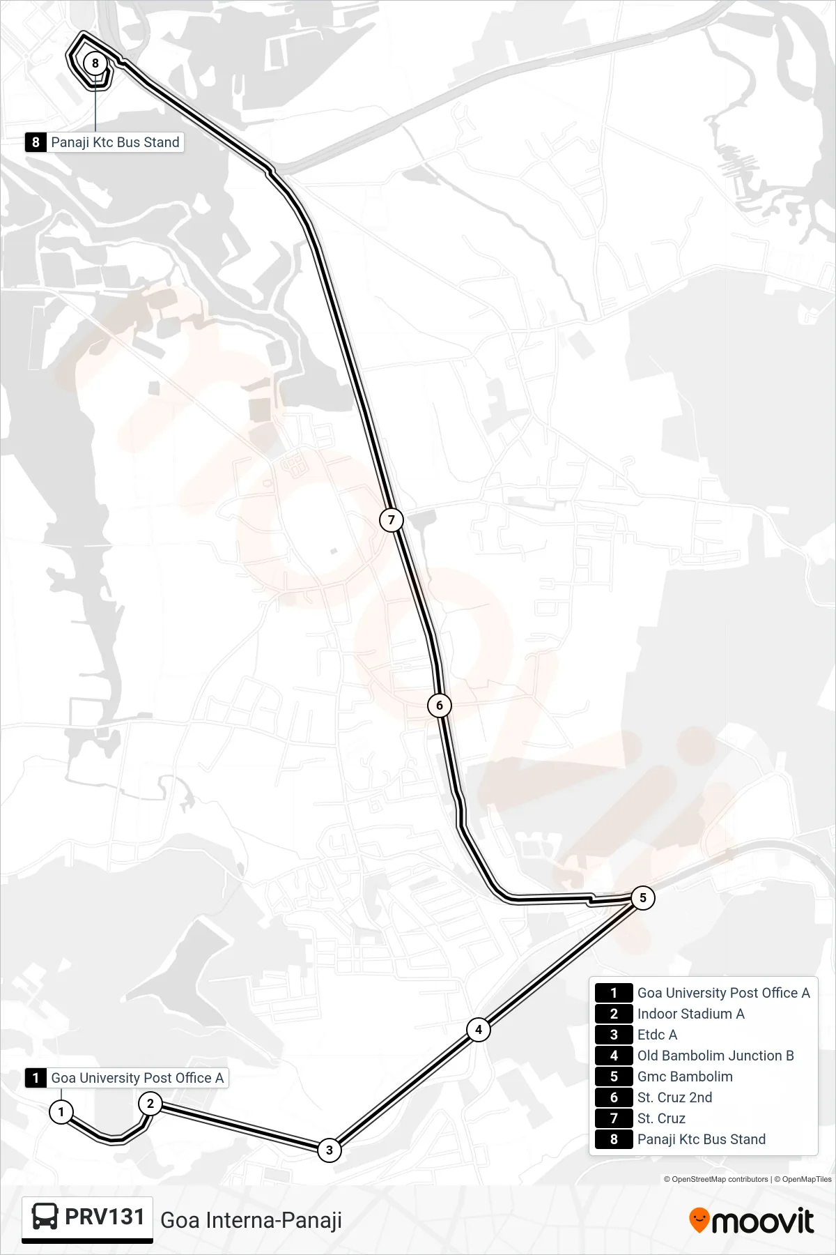PRV131 bus Line (Goa Interna-Panaji) route and stops on a map