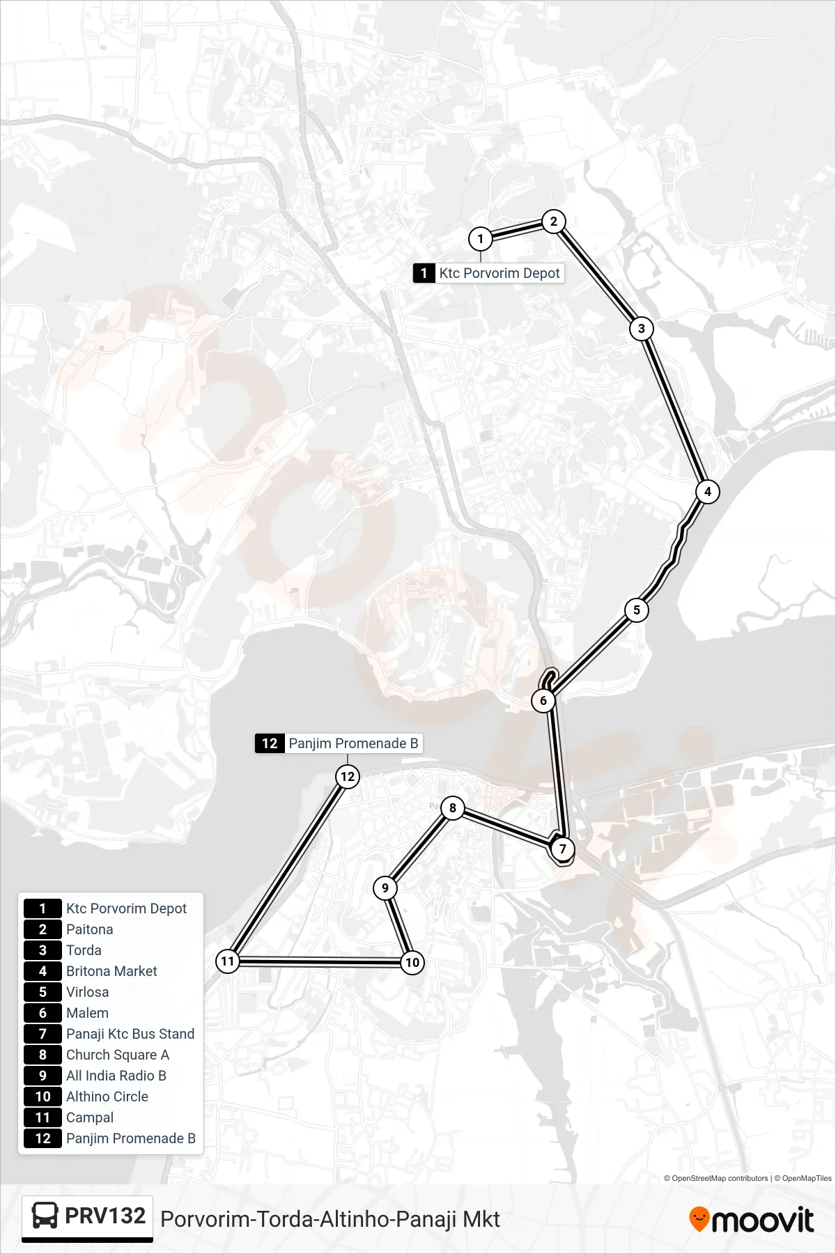 PRV132 bus Line (Porvorim-Torda-Altinho-Panaji Mkt) route and stops on a map