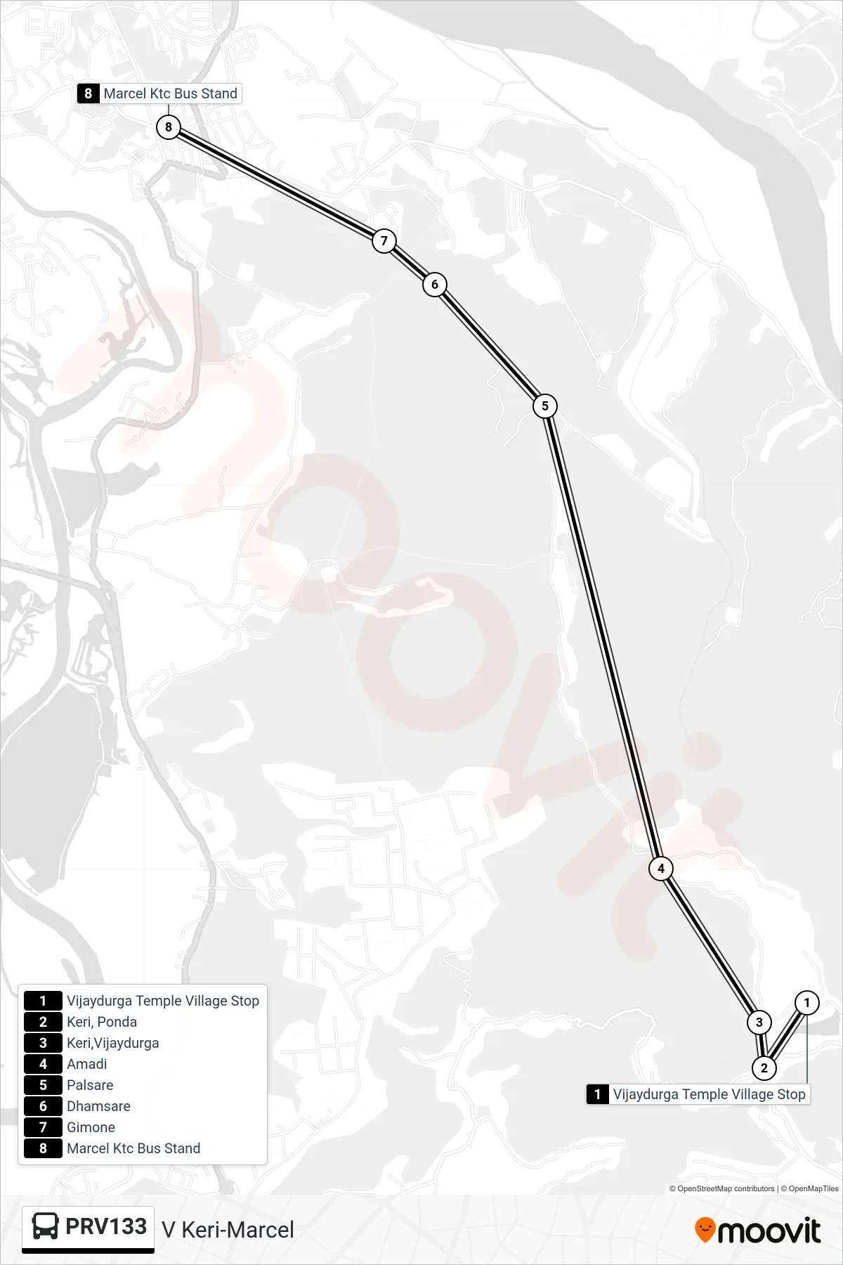 PRV133 bus Line (V Keri-Marcel) route and stops on a map