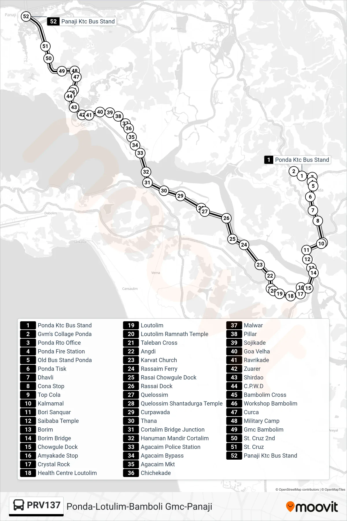 PRV137 bus Line (Ponda-Lotulim-Bamboli Gmc-Panaji) route and stops on a map