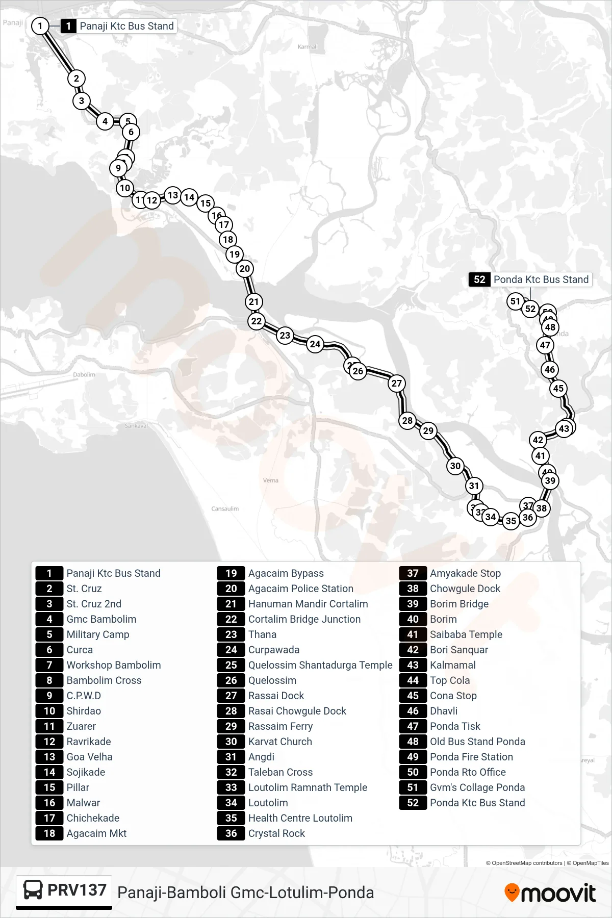 PRV137 bus Line (Panaji-Bamboli Gmc-Lotulim-Ponda) route and stops on a map
