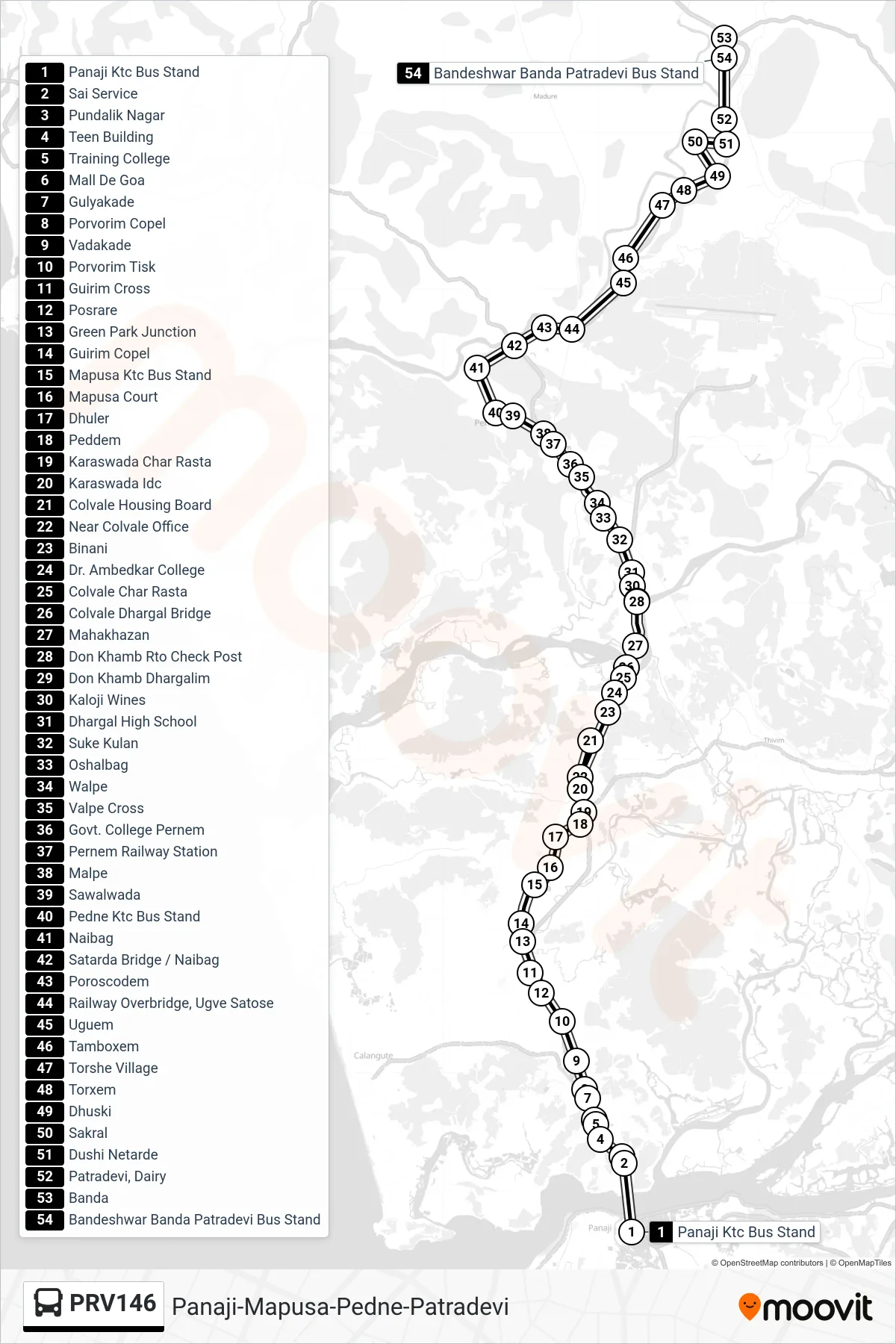 PRV146 bus Line (Panaji-Mapusa-Pedne-Patradevi) route and stops on a map