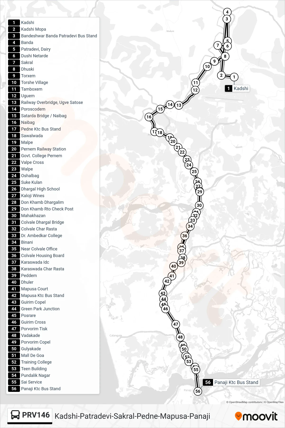 PRV146 bus Line (Kadshi-Patradevi-Sakral-Pedne-Mapusa-Panaji) route and stops on a map