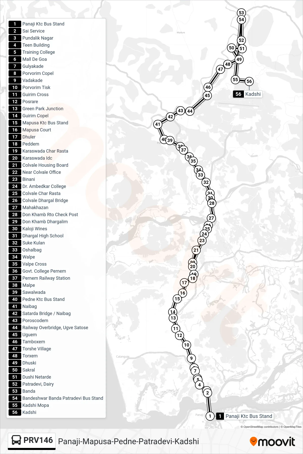 PRV146 bus Line (Panaji-Mapusa-Pedne-Patradevi-Kadshi) route and stops on a map