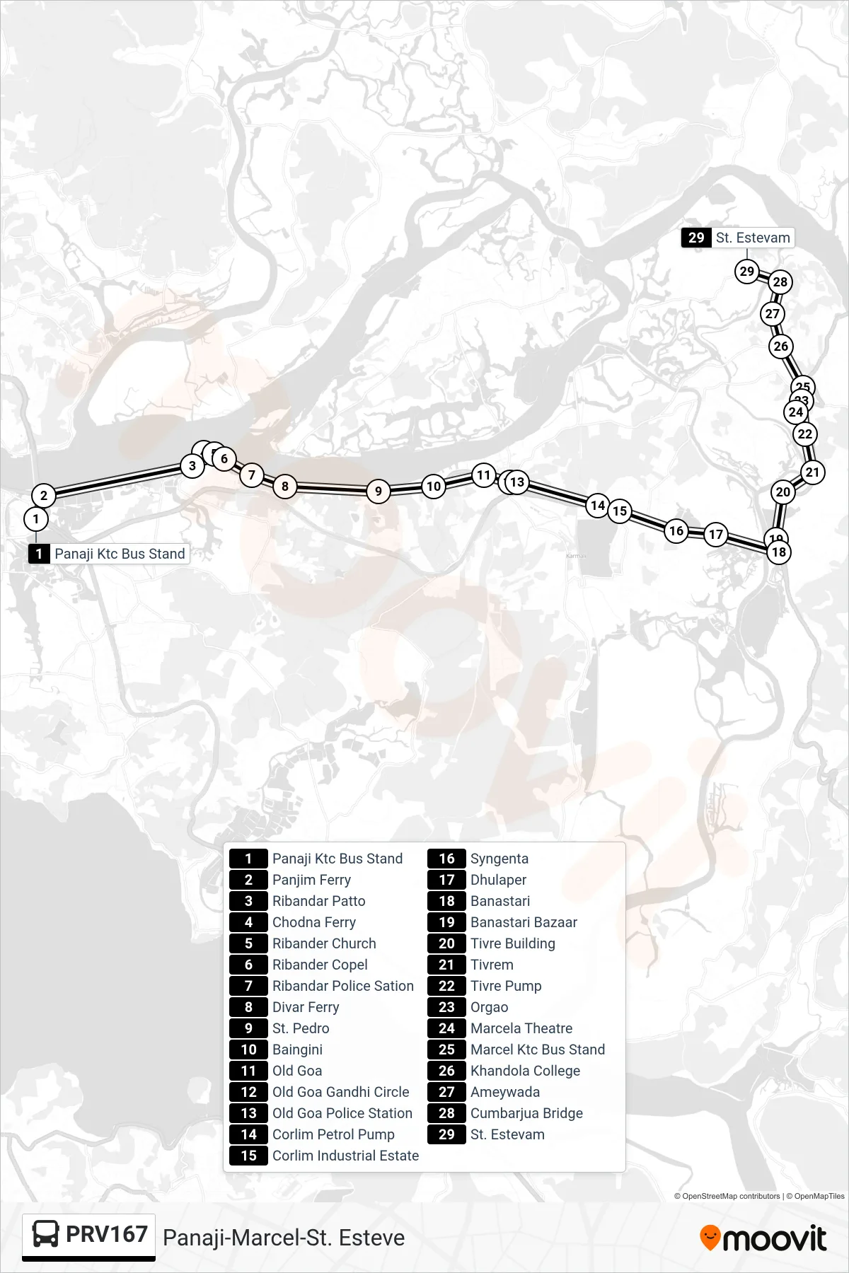 PRV167 bus Line (Panaji-Marcel-St. Esteve) route and stops on a map