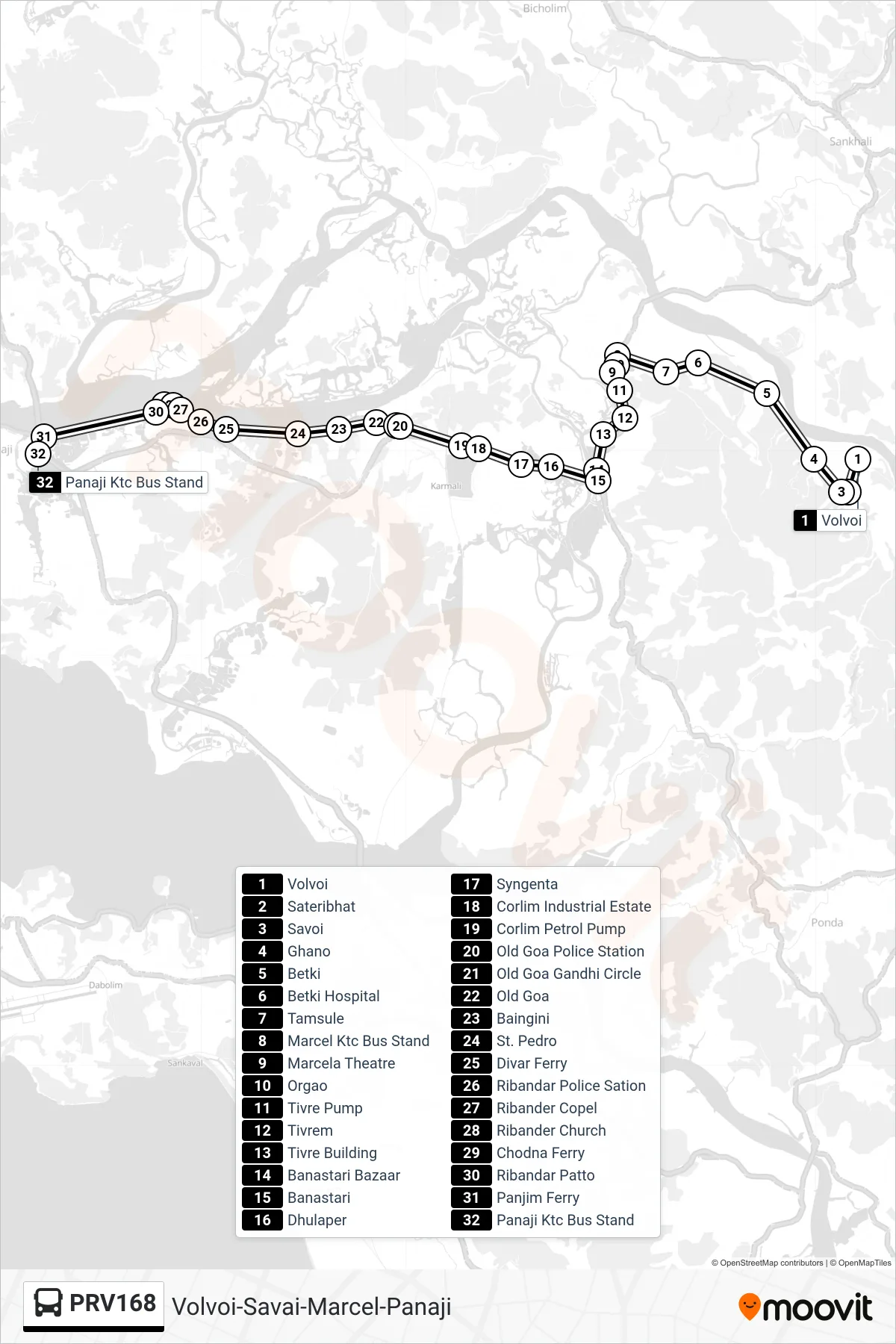 PRV168 bus Line (Volvoi-Savai-Marcel-Panaji) route and stops on a map