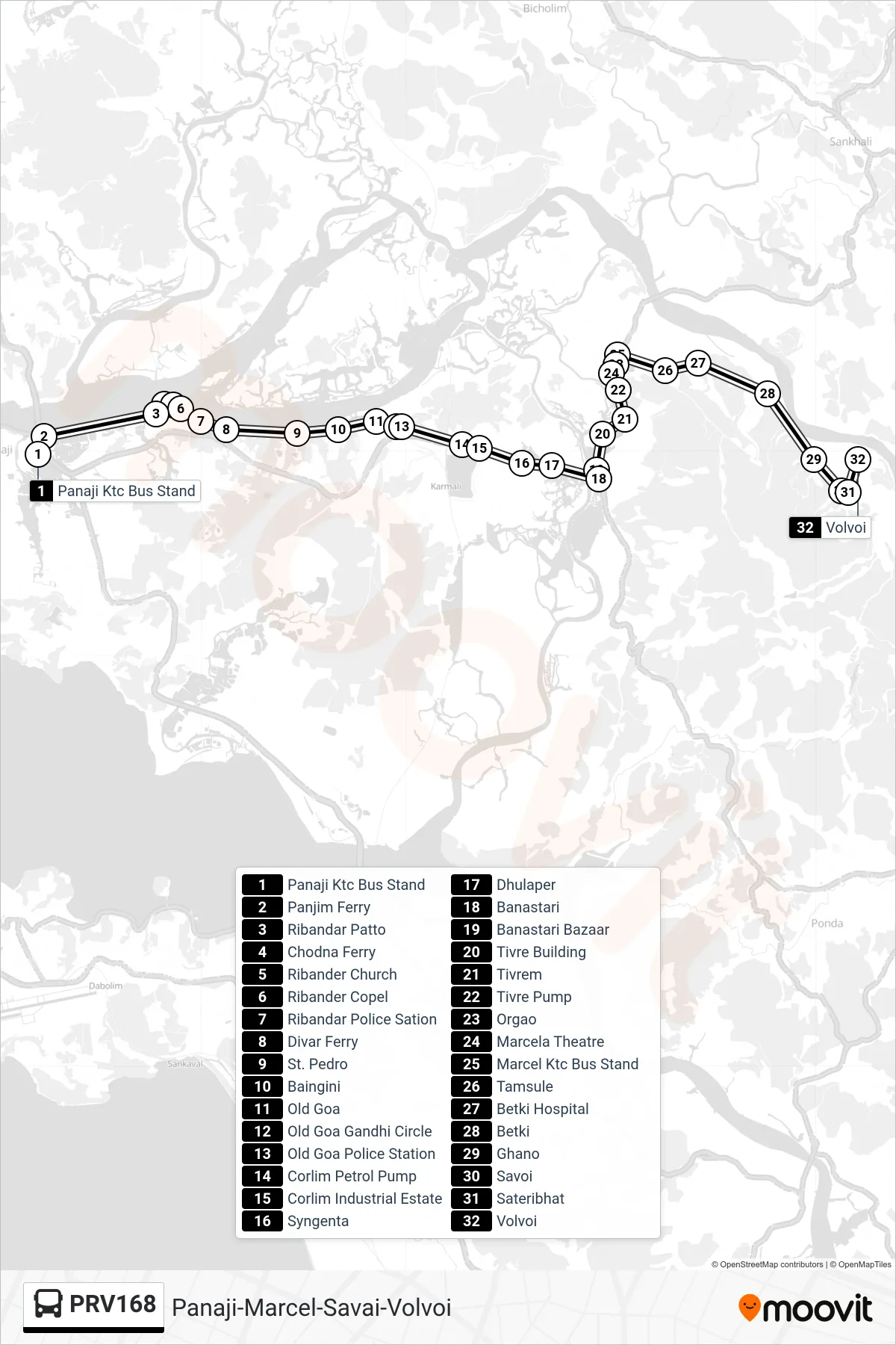 PRV168 bus Line (Panaji-Marcel-Savai-Volvoi) route and stops on a map