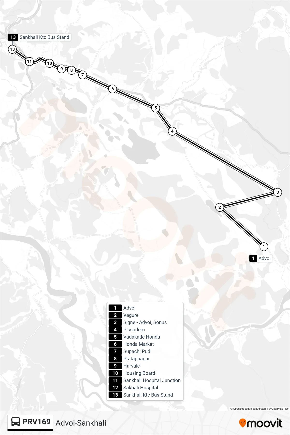 PRV169 bus Line (Advoi-Sankhali) route and stops on a map